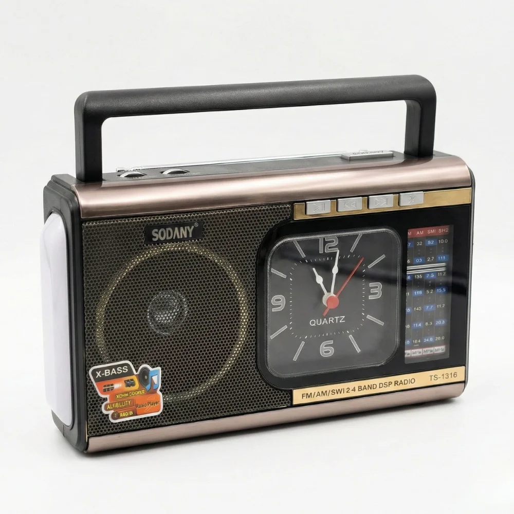 Radio Retro Vintage 4 Bandas AM FM SW con Reloj de Cuarzo Reproductor MP3 USB SD Lámpara LED Recargable Portátil