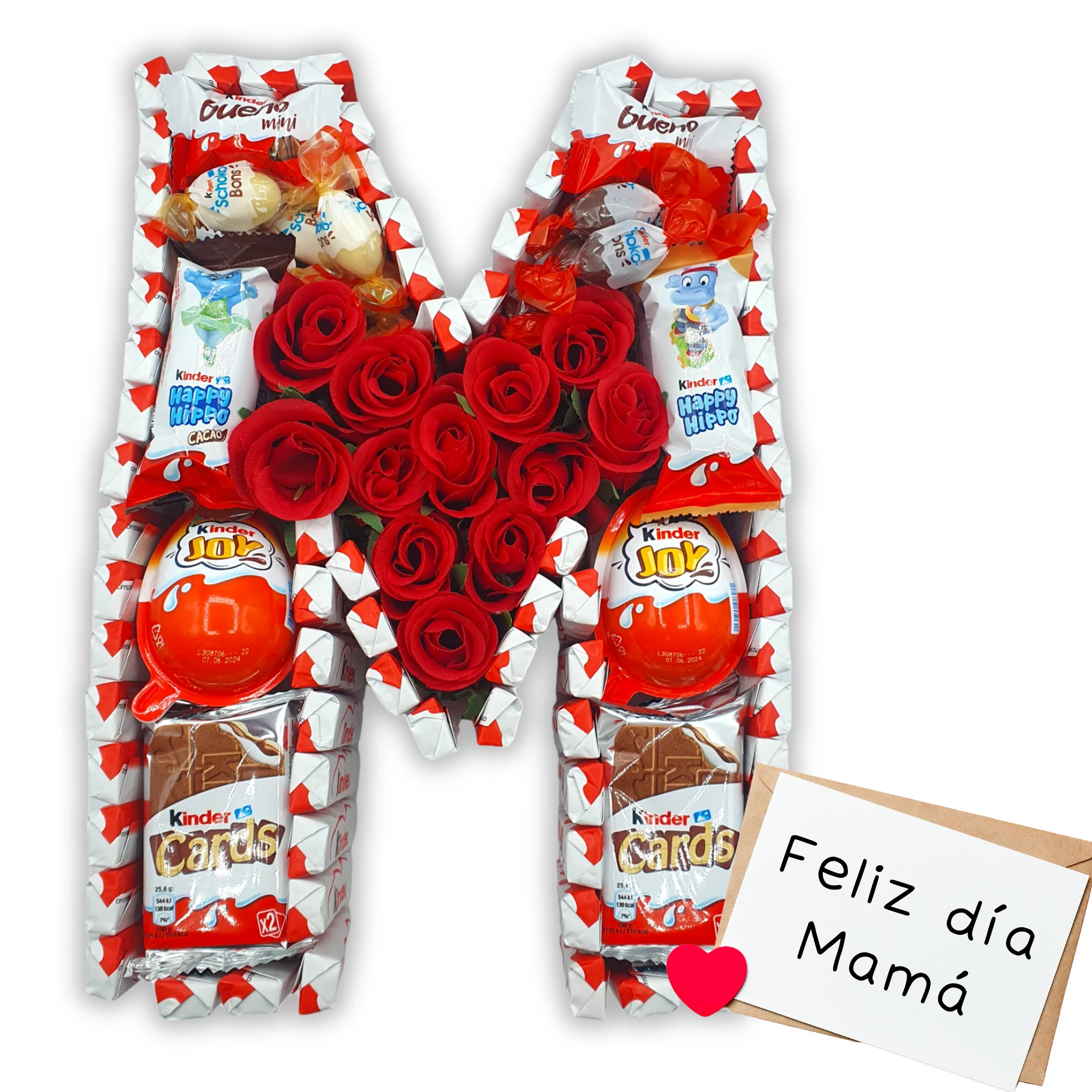 Regalo dia de la Madre Kinder - Letra M Rellena de Chocolates Kinder y Rosas  + 100 Chocolates - Regalo Ideal para el Dia de la Madre - 30 cms. Kinder Bueno - Huevos Kinder - Kinder Cards [IAMI]