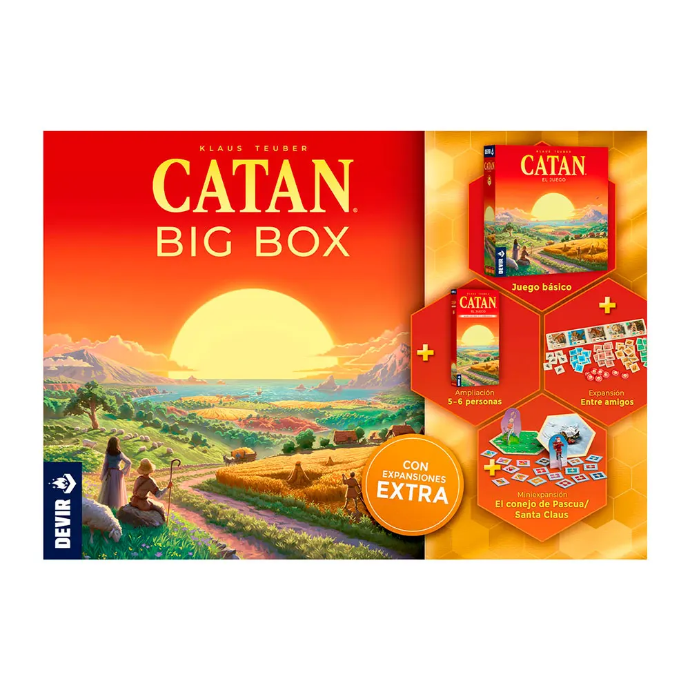 Catan Big Box 2025 - Devir Spanish board game for 4-6 players, includes base game, expansion for 5-6 players, exclusive content, and new mini-expansions for enhanced gameplay and fun family entertainment.