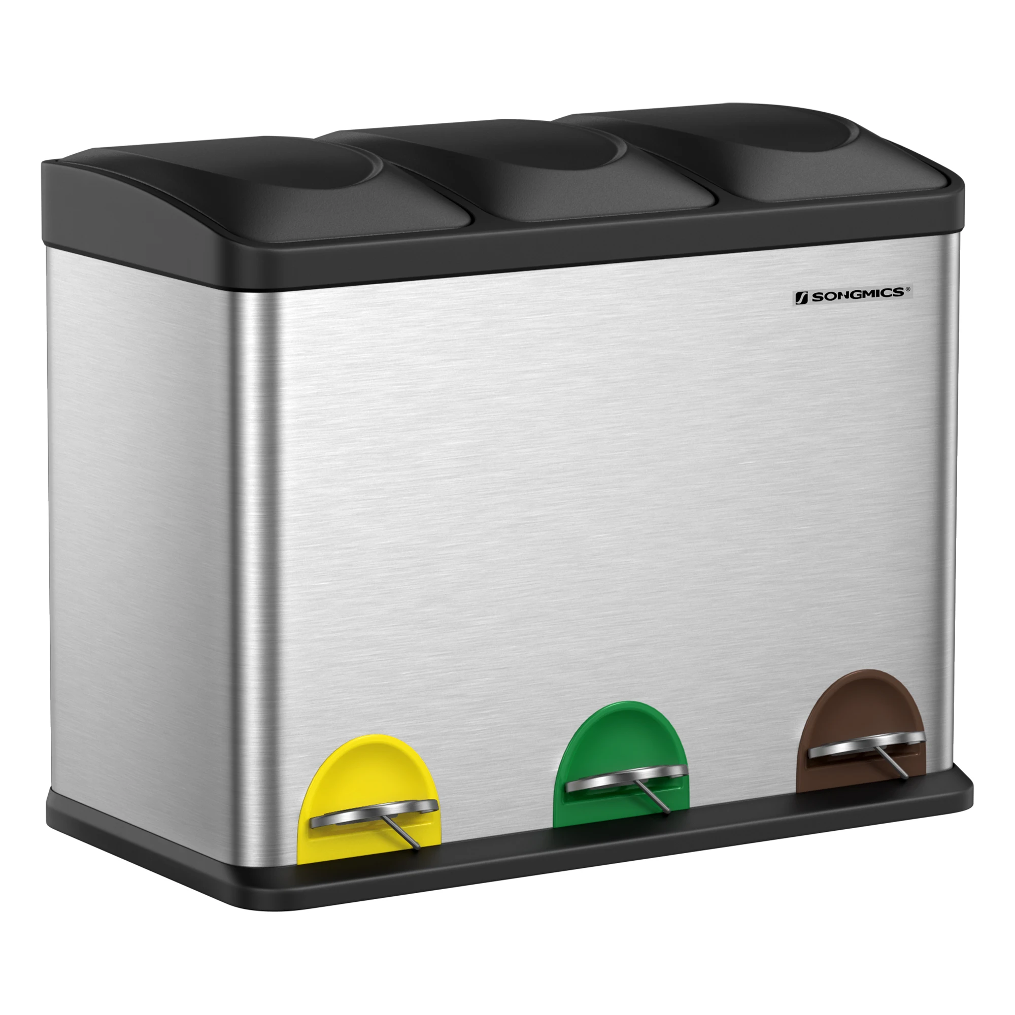 SONGMICS Cubo Triple para Cocina, Cubo Basura de Reciclaje, Pedal, Cubo de Basura de Metal 45 L, Sistema de Separación de Residuos Cubo para Cocina, 3 x 15 L, con Tapa, Acero, Plata/Blanco/Negro/Gris