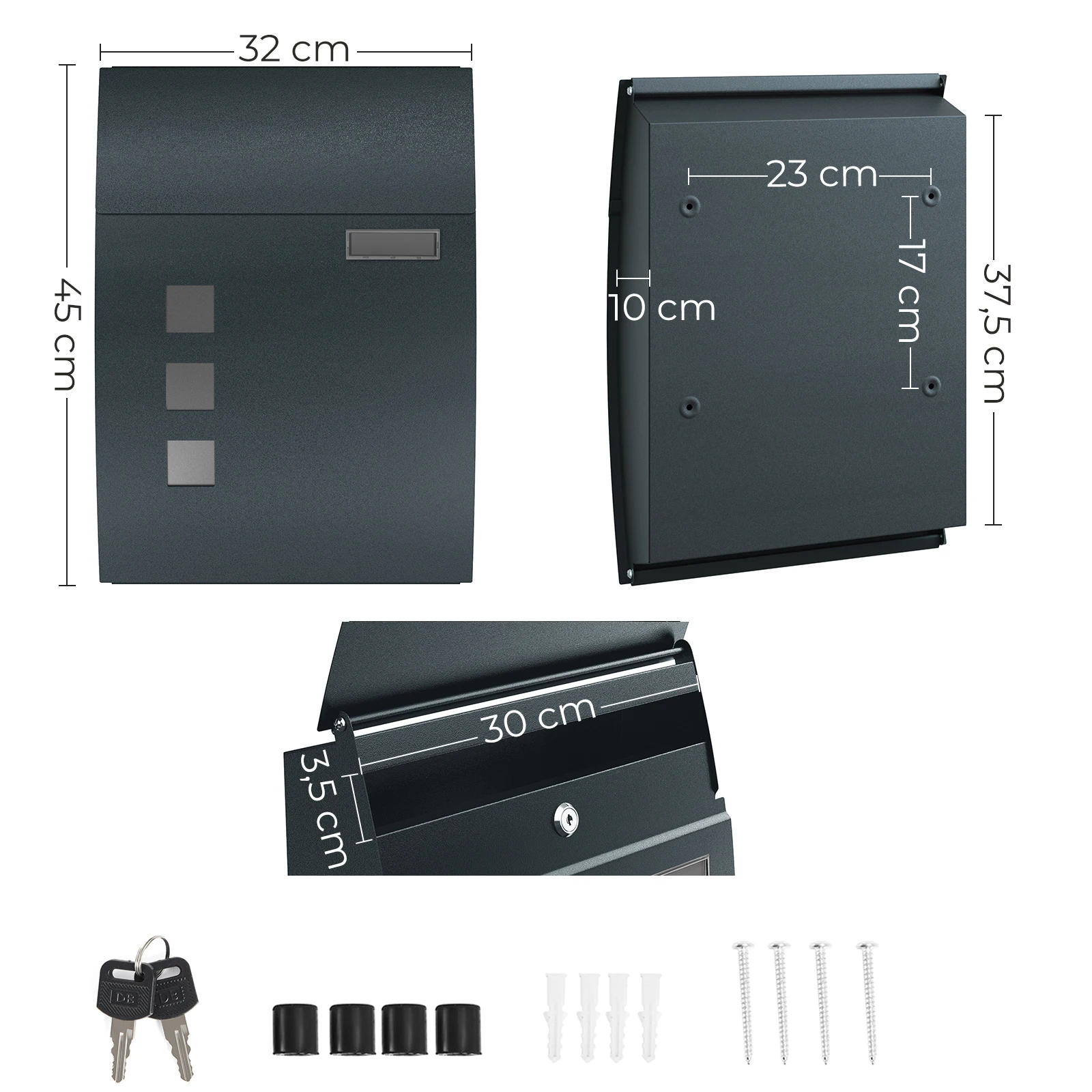 Songmics wall mailbox, with viewing windows, name slot, 2 keys, easy to install, anthracite gray