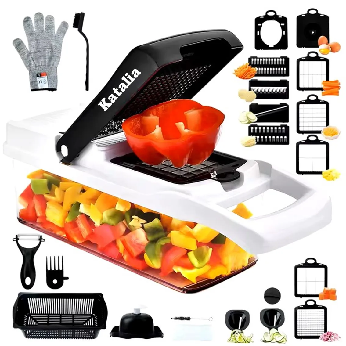 Mandolina Cocina Multifuncional Katalia, 26 Piezas, Blanco, Cortador de Verduras, Picadora Manual, Resistente, BPA-FREE