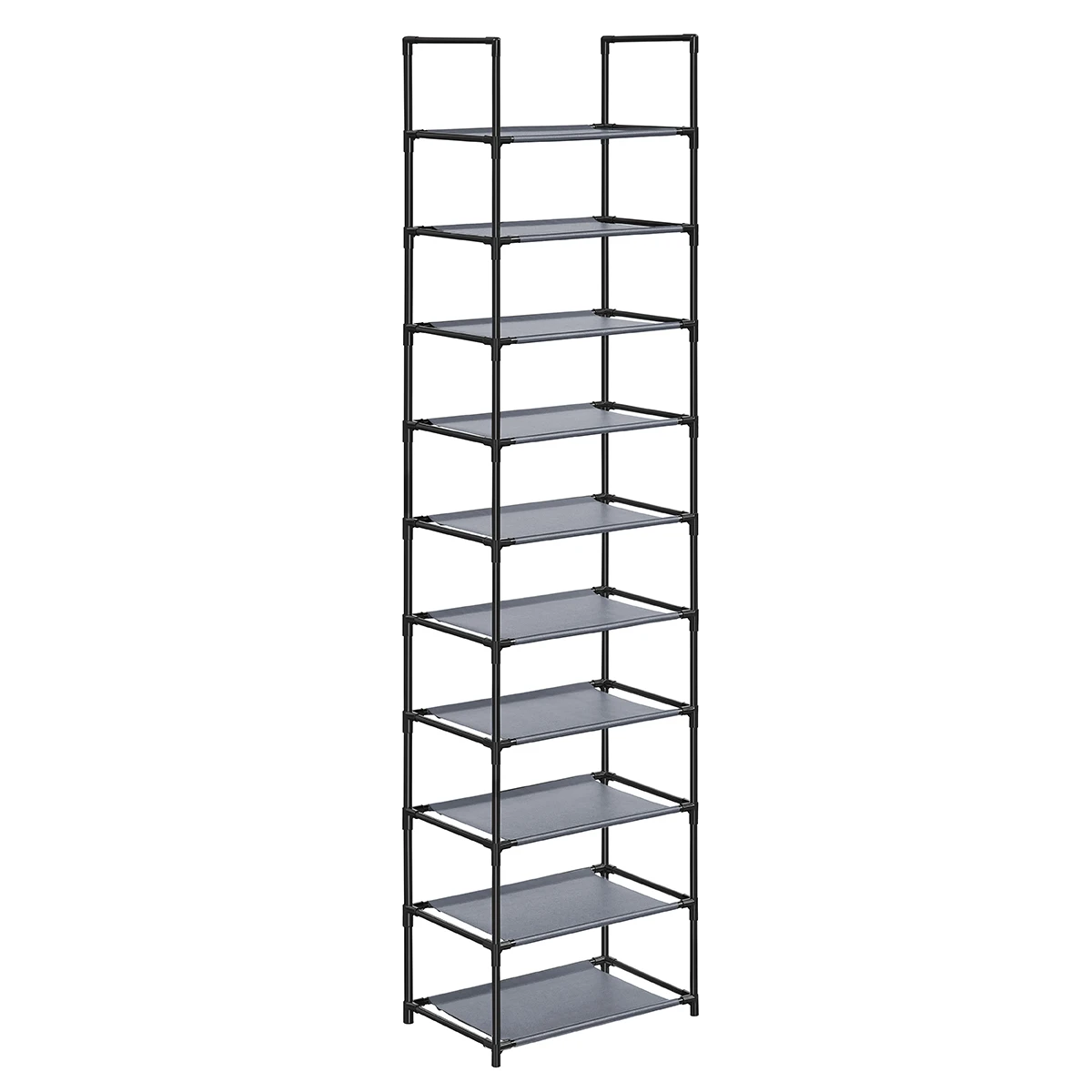 SONGMICS Zapatero, Organizador Zapatos,10 Baldas, Zapatero Abierto Estrecho, 28 x 45 x 173 cm, Marco de Metal, Estantes de Tela no Tejida, para Pasillo, Dormitorio, Gris/Negro