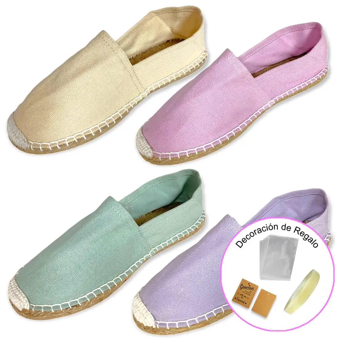 Alpargatas mujer para bodas Lisas Esparto Hechas a Mano 4 Colores (Regalo de Bolsa Celofán + Tarjetita + Cinta) - (12/24/36/48 pares) Ideales para Regalo de Bodas o Eventos. mundiBODA Modelo 35009
