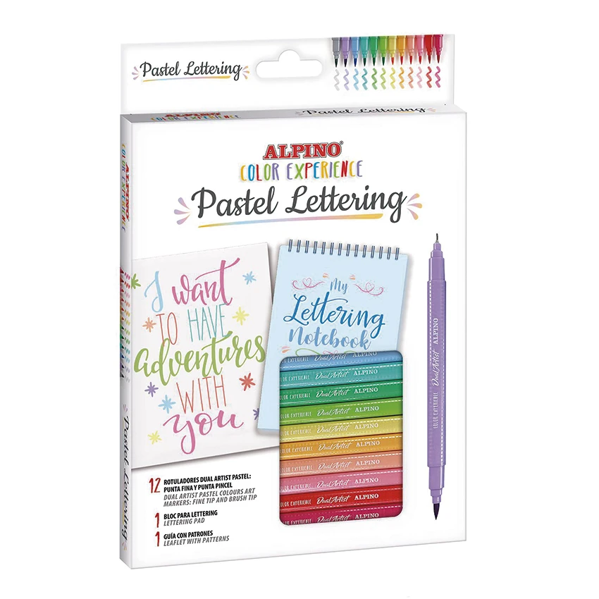Alpino - Kit Pastel Lettering 12 Rotuladores Dual Artist, 1 Libreta de Lettering y 1 Guía con Patrones  Diversidad de Colores  Creatividad sin Límites  Lettering creativo