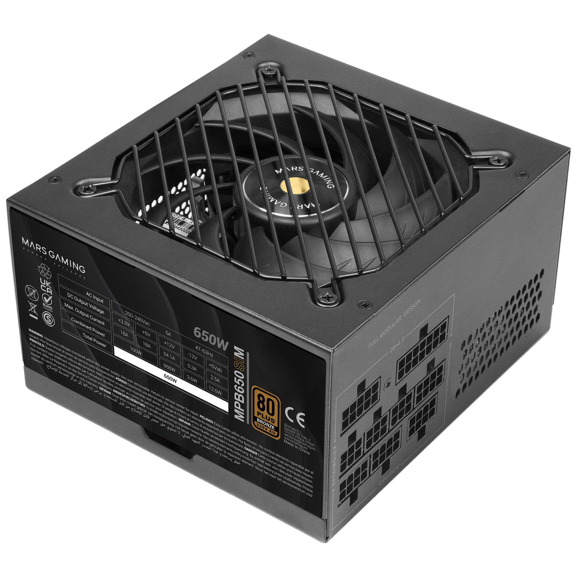 Mars Gaming MPB650SIM, Fuente de Alimentación Full Modular ATX 650W, 7 Años de Garantía, 80Plus Bronze 230V EU, Ventilador SI 120mm, Tecnología AI2-RPM, DC-DC y SMD, Condensadores Japoneses 105 ° C,