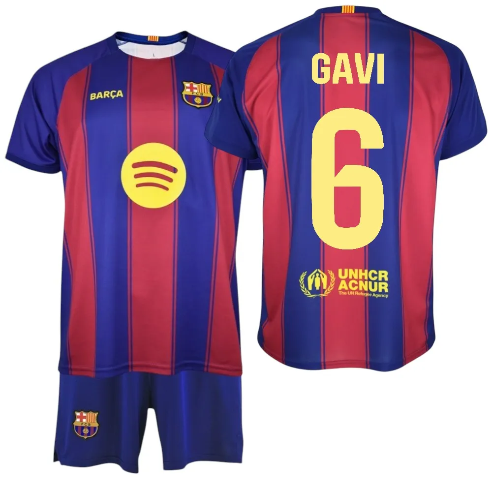 F.C Barcelona - Conjunto Camiseta y Pantalón Niño - Jugador GAVI Nº6 - Diseño Blaugrana Clásico - Escudo Bordado - Tejido Transpirable - Ideal para regalo