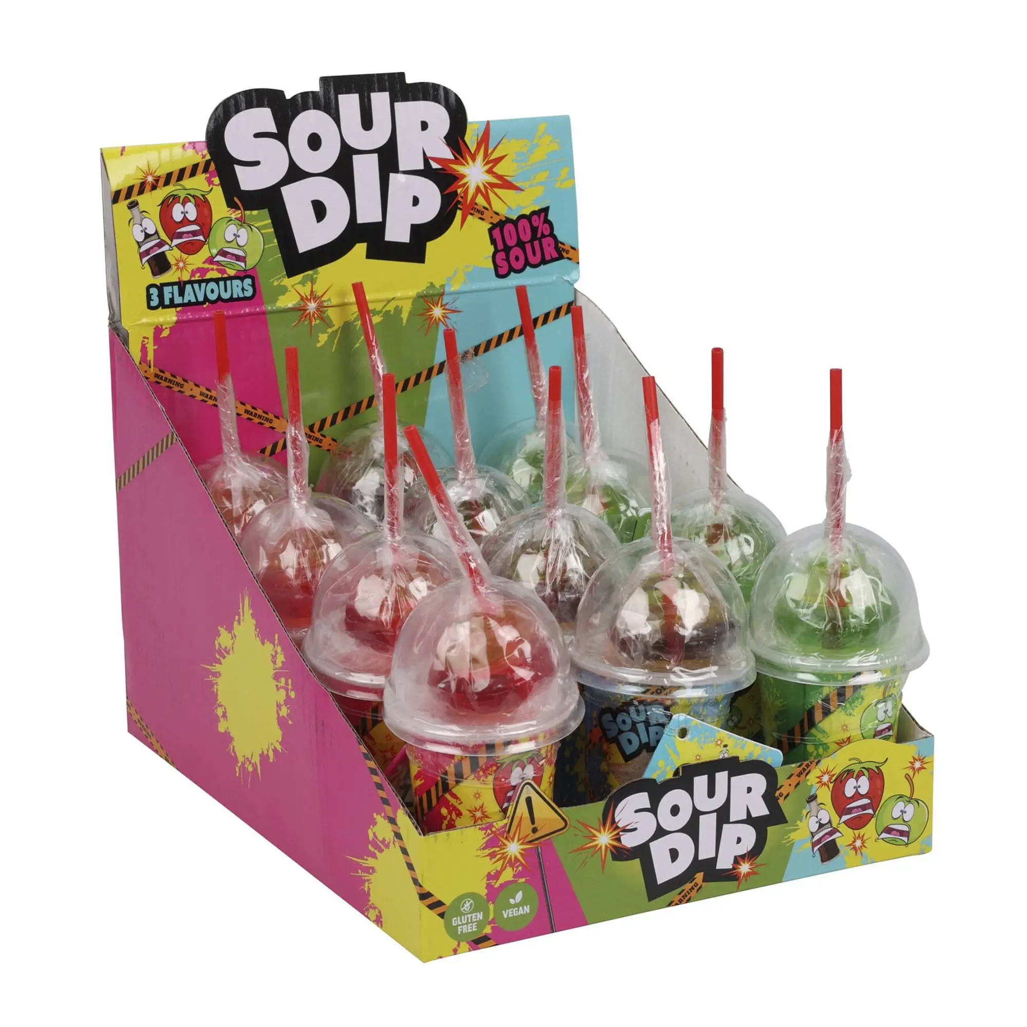 Plastic glass full of pica-pica and a candy with random flavor stick (strawberry or Apple or cola)