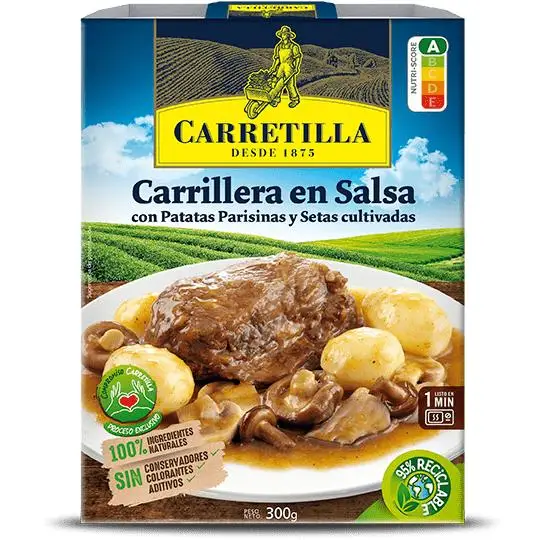 Wheelbarrow prepared dishes, ready to eat - meat dishes: players with potato, solomillo and potato, lean with tomato, meatballs, chicken with mushrooms - 5 units