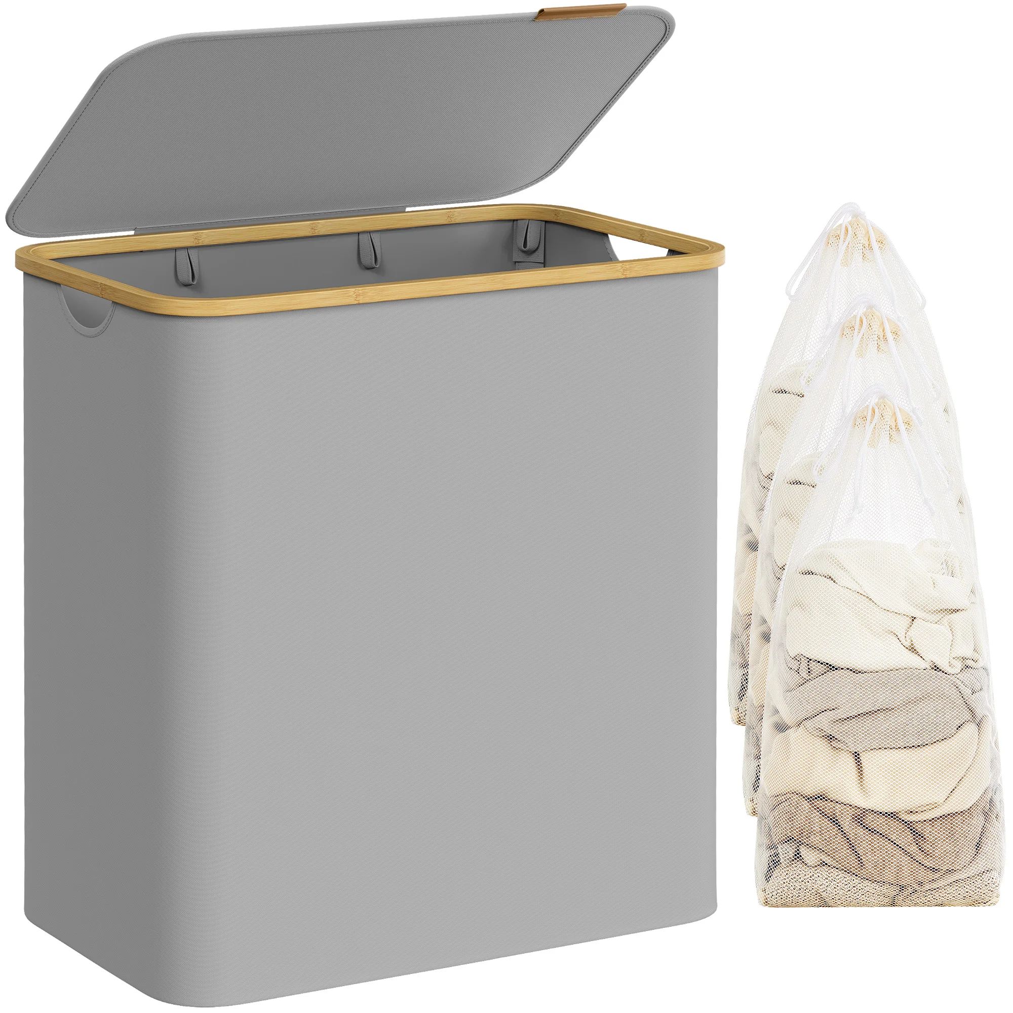 SONGMICS Cesto de Ropa Sucia con Tapa, Gran Cesta Colada de 3 Secciones, 150 L, Forro de Malla Extraíble, Tejido Oxford, Asas Bambú, Plegable, 60 x 38,5 x 70,5 cm, Gris Paloma/Negro Tinta/Blanco Crema/Marrón Camello