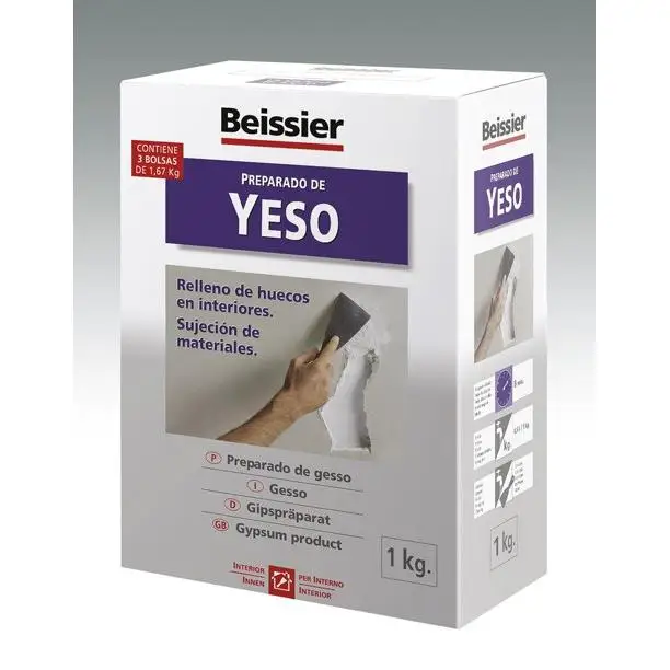 Yeso Fino Beissier Preparado para Rellenos de Paredes Interiores, acabado Fino Blanco Mate en caja de 1kg y de 5kg