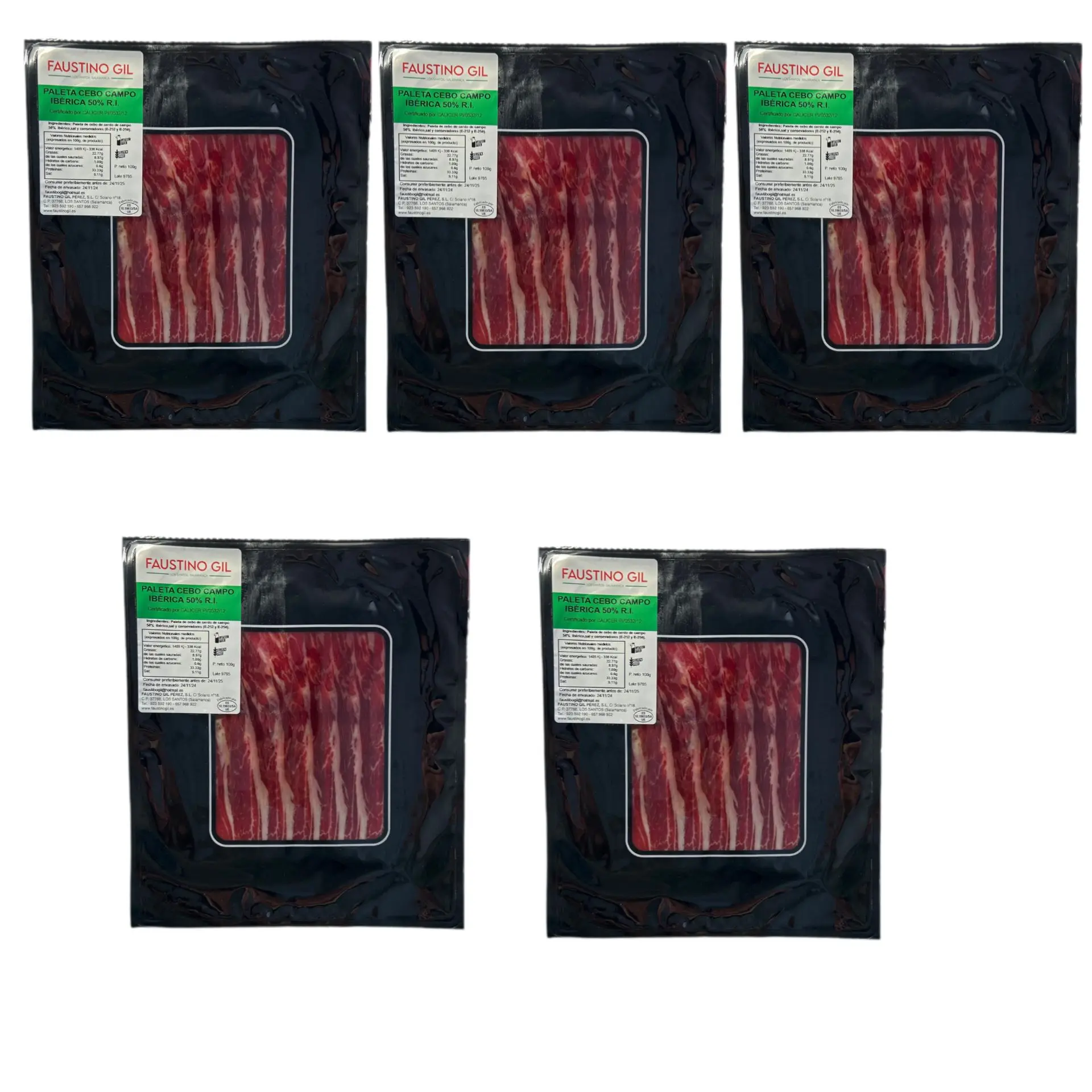 Paleta Ibérico Cebo Campo 50% Raza Ibérica - 5 Sobres 100g - Elaboración tradicional - Ibéricos Faustino Gil -