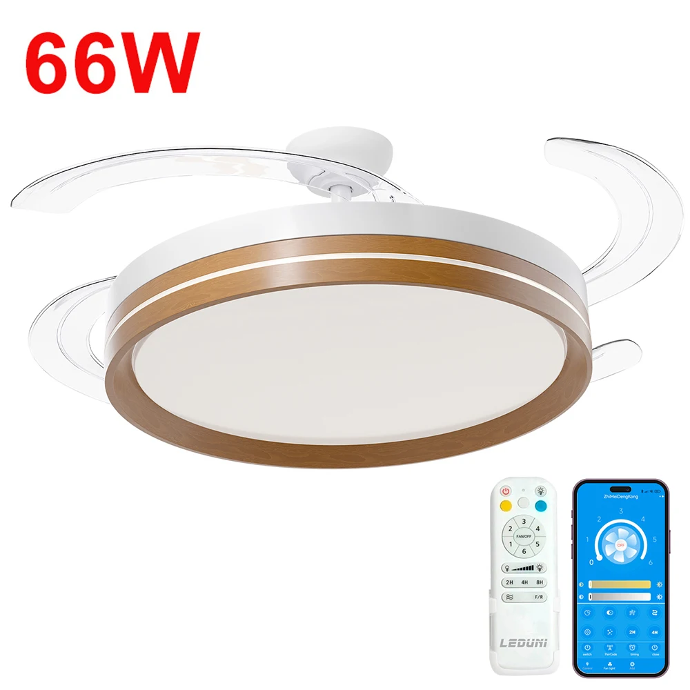 Ostark Ventilador de Techo con Luz LED Retráctil 106cm, 4 Aspas, Control por APP y Mando a Distancia, Potencia Total 66W, Temporizador, 6 Velocidades, 3 Temperaturas de Luz, Función Verano-Invierno,
