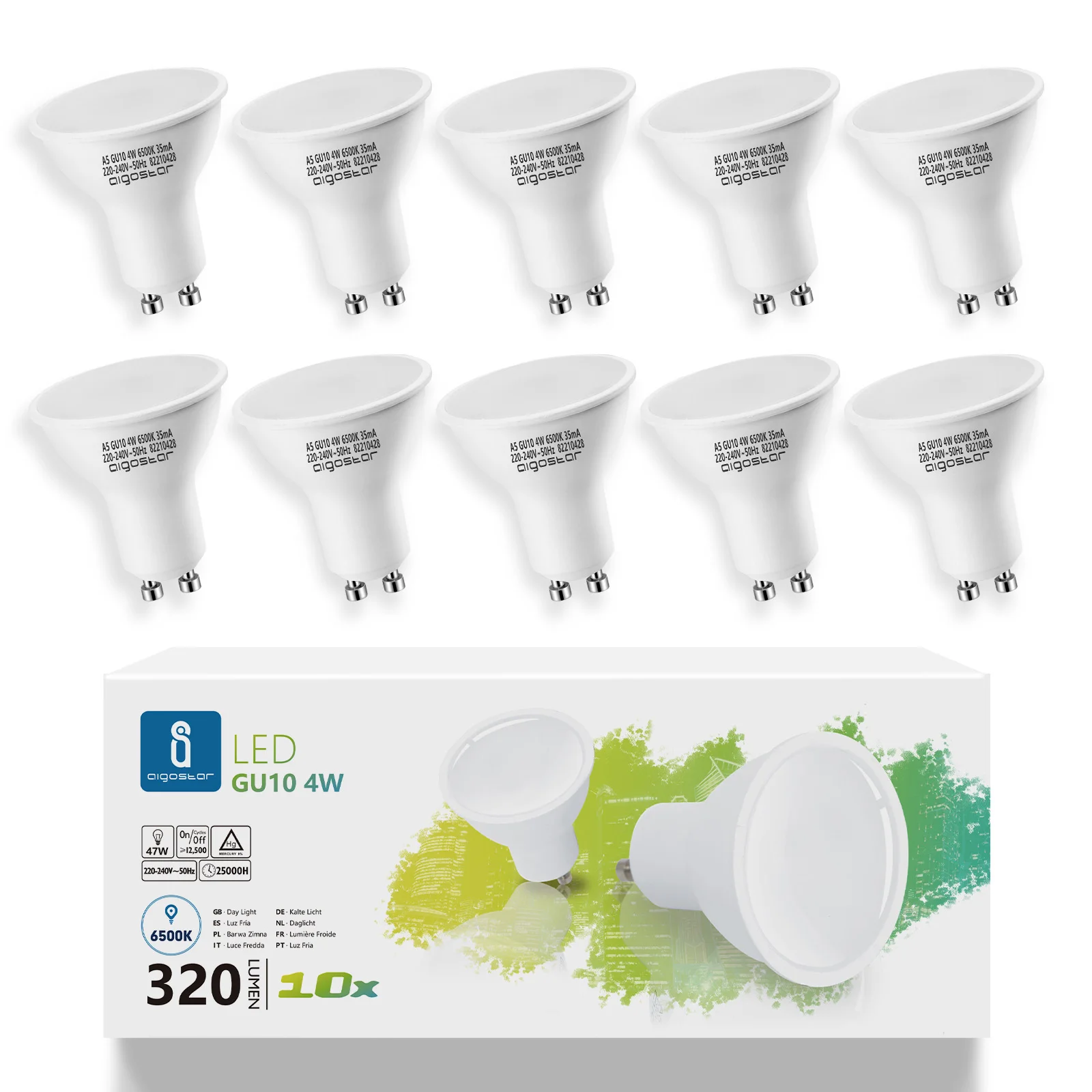 Aigostar Bombilla LED 4W/6W/8W GU10, Luz fría 6500K/Luz cálida 3000K, Esmerilada, no regulable - Caja de 10 unidades