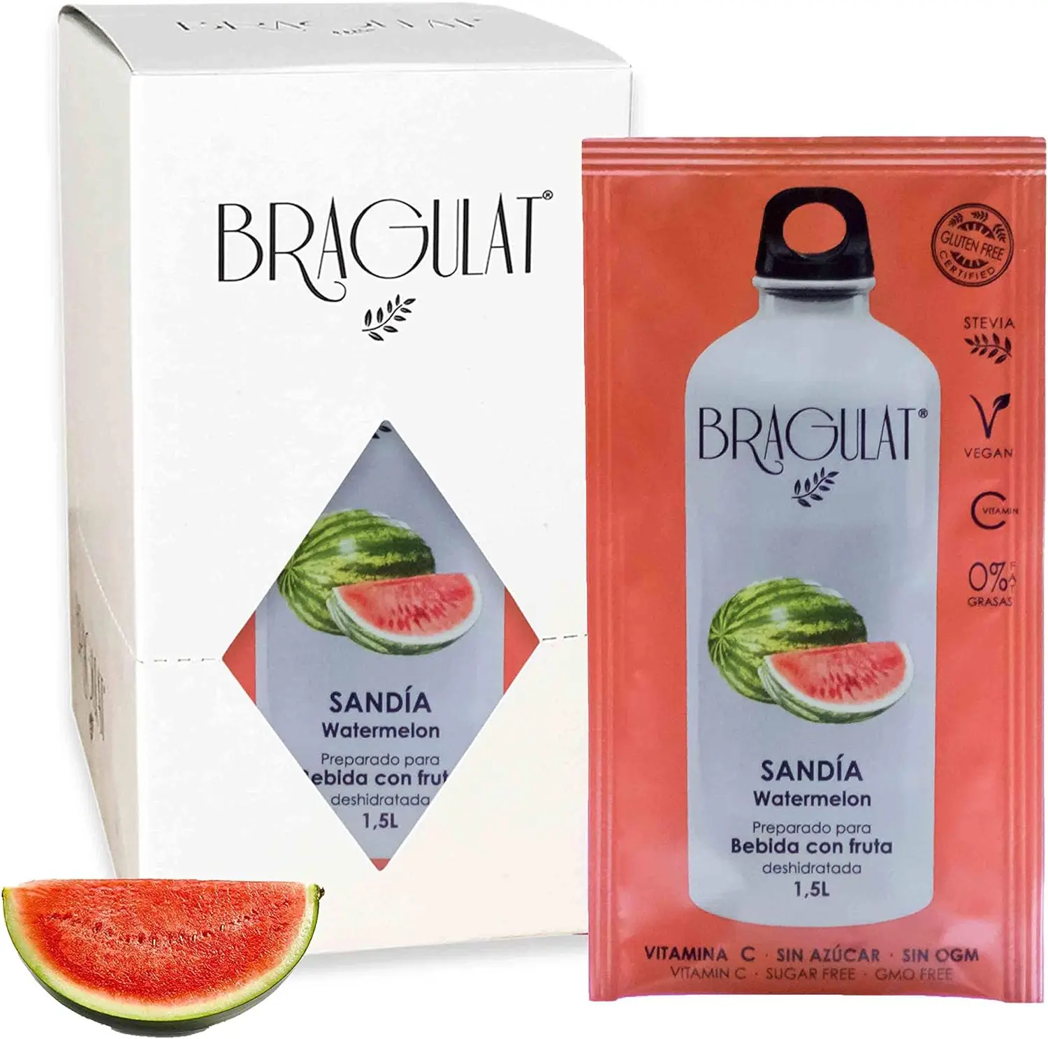 BRAGULAT | Bebida de Frutas con Sandía| Bebidas y Refrescos Instantáneas en Polvo | Sin Azúcar y con Vitamina C | Agua con Sabor a Sandía | 15 Sobres