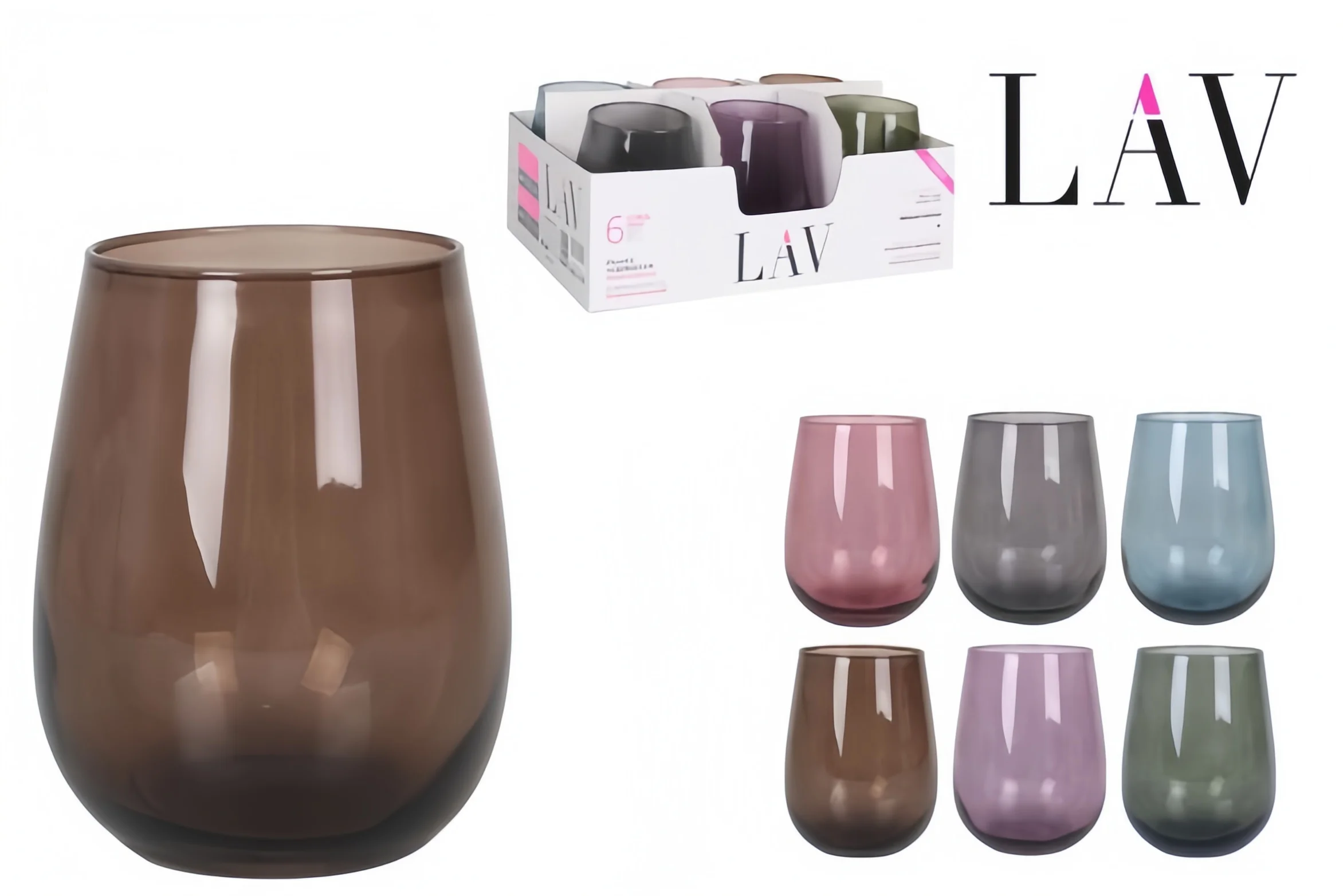 LAV SET 6 glasses colors Crystal 360ML lilac water tumbler green Brown Pink Blue Gray