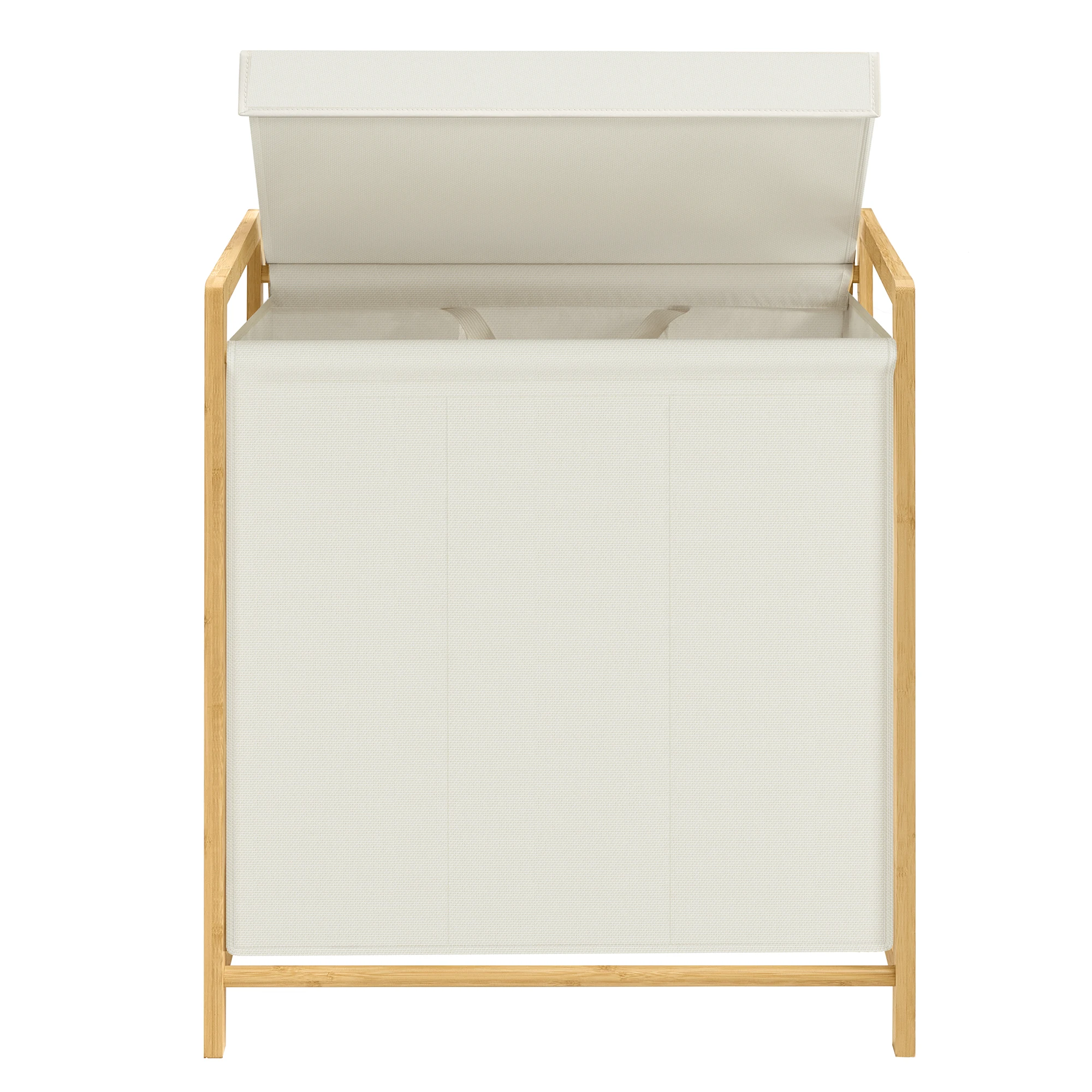 SONGMICS Cesto para Ropa Sucia de 3 Compartimentos, Marco de Bambú, Tapa Reforzada y Extraíble, Bolsa Interior Desmontable, 150 L, Blanco Crema