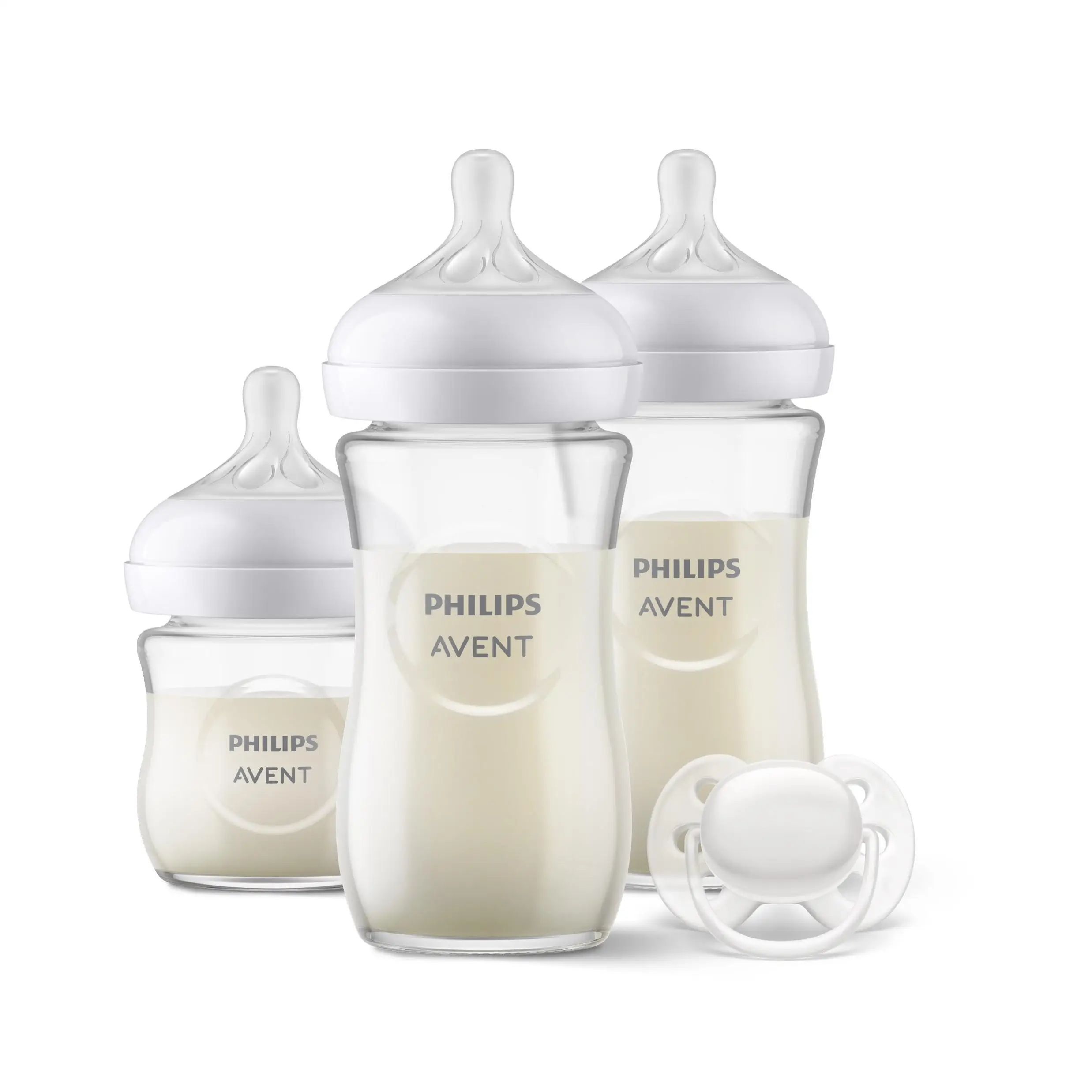 Philips AVENT Pack Natural Response, incluye 1 biberón de cristal 120ml,  2 biberones de cristal 240ml y 1 chupete ultra soft 0-6m.