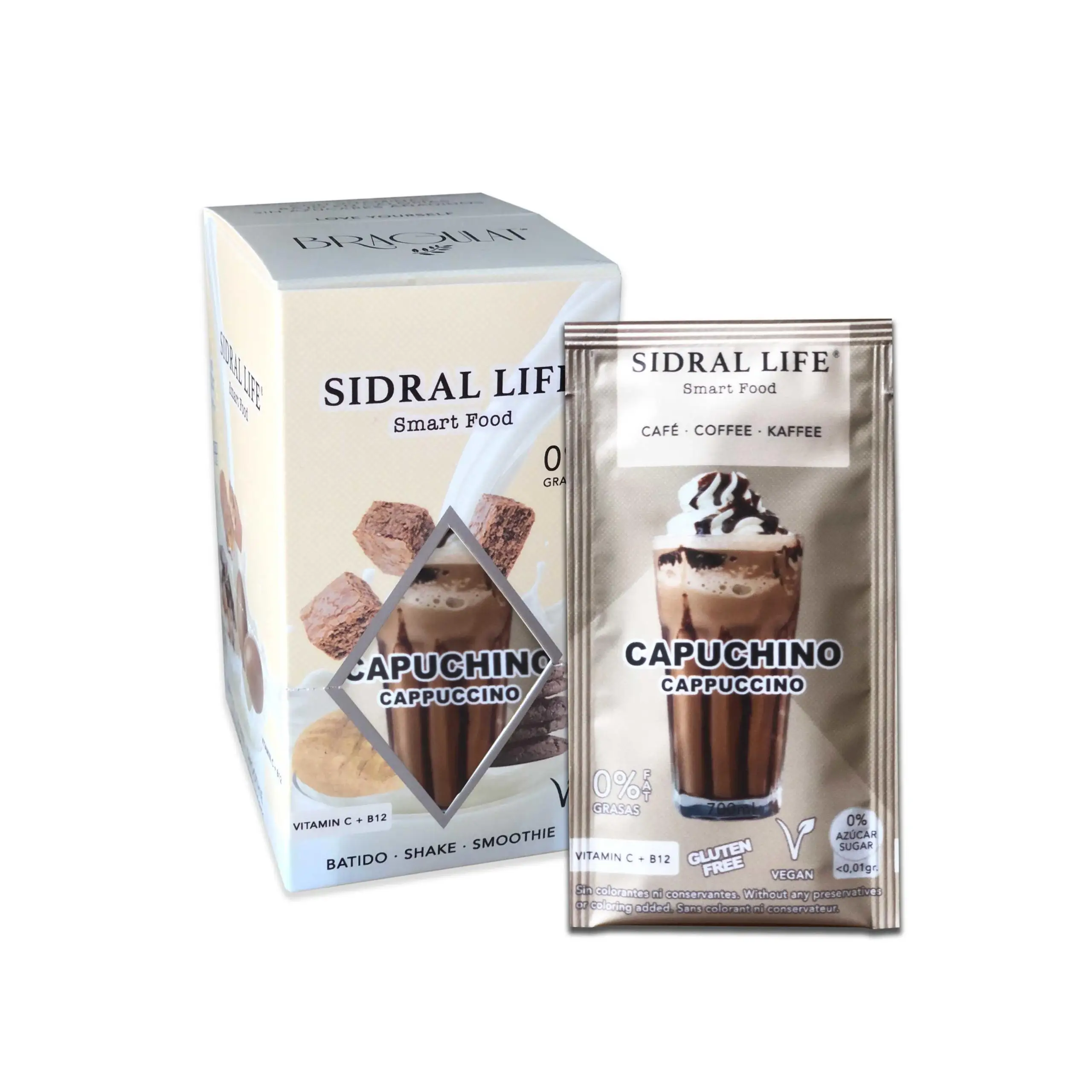 Bebida de CAFÉ CAPUCHINO 15u. Saborizante de Agua - Sidral Life - Café instantáneo 700 ml. - Sin azúcar - 0% Grasas - Vitamina C, B12