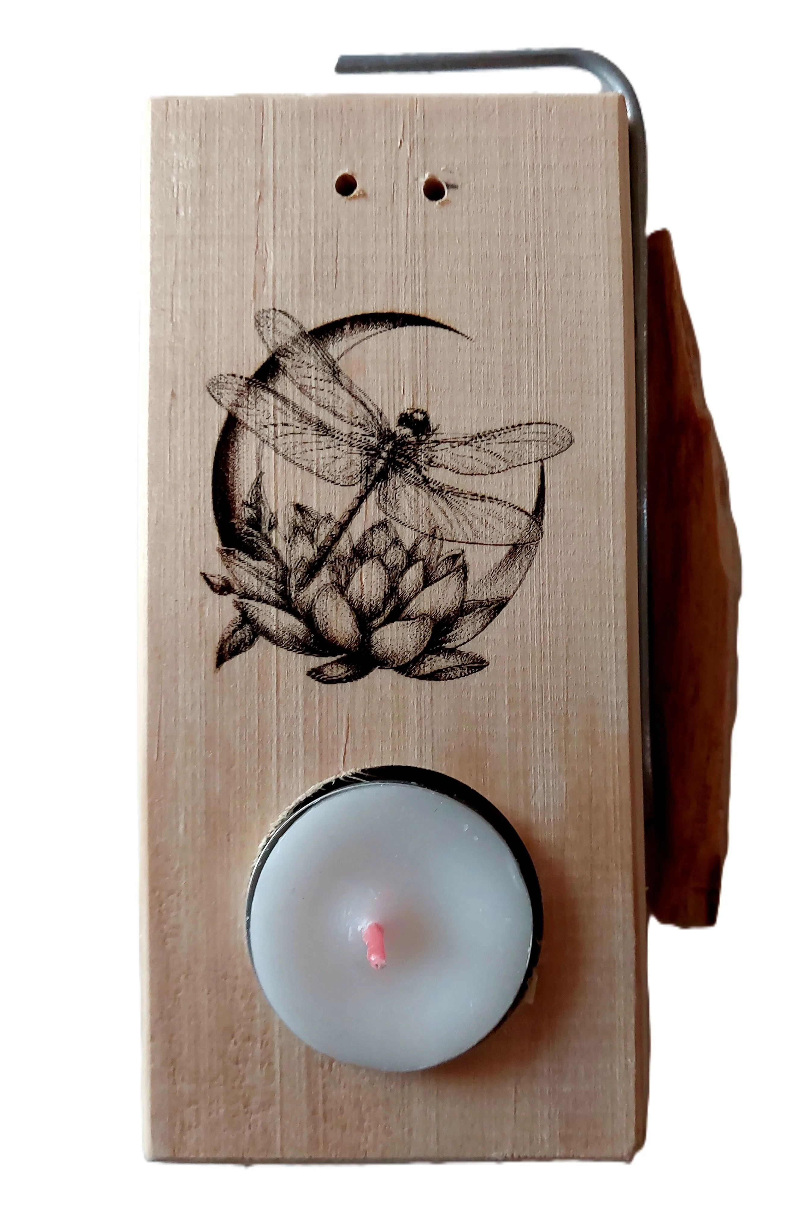Handmade Natural Wood Palo Santo Burner with Metal Support, Includes Tea Light Candle and Genuine Palo Santo, Features Lotus Flower and Dragonfly Design, Safe and Stable for Incense Burning. #4