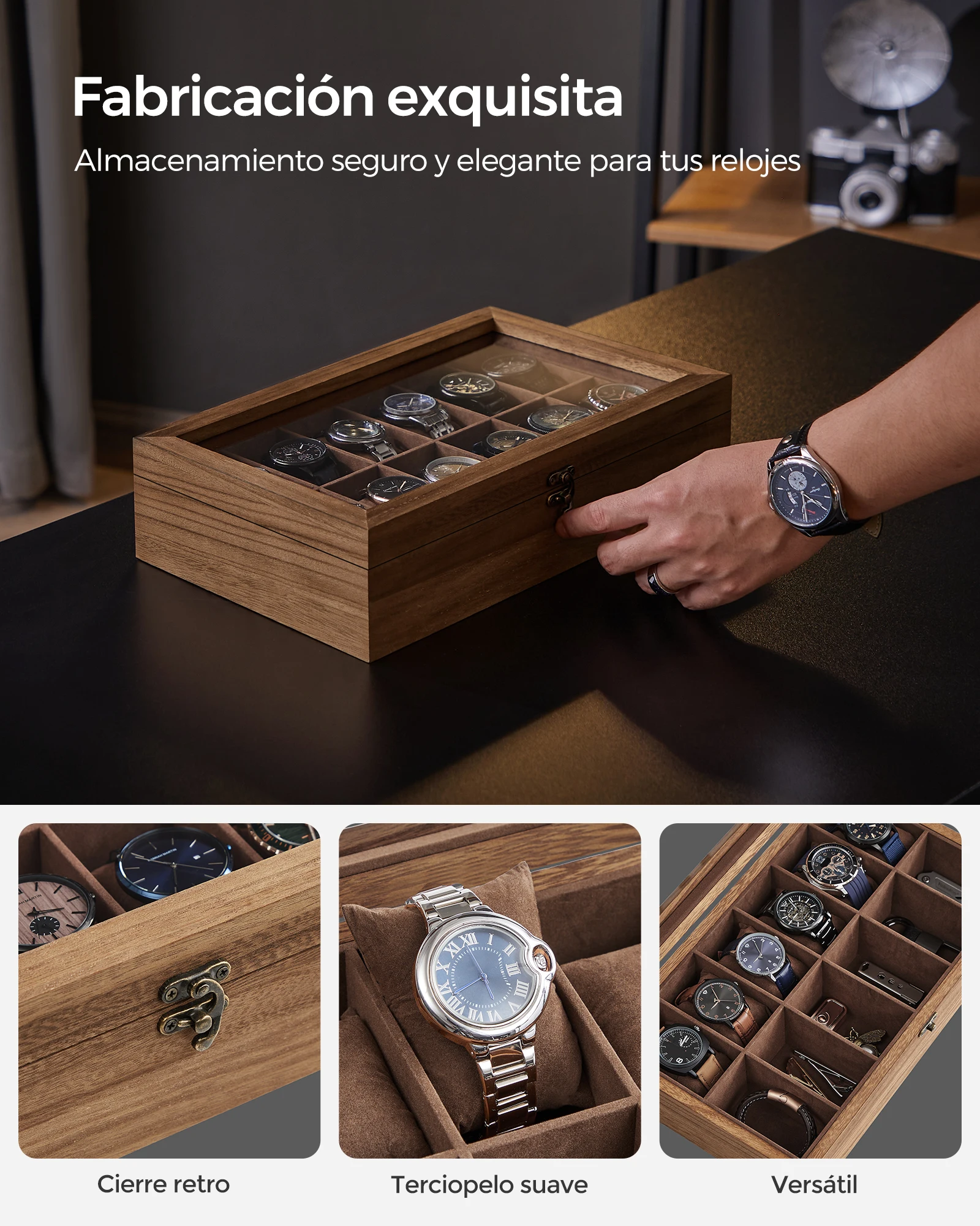 Songmics watch box with 12 compartments, solid wood watch box, with glass lid, watch cushion, gift for loved ones, rustic walnut/ebony black/ink black, christmas gift #3