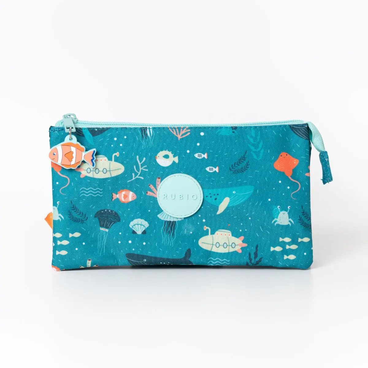 Estuche portatodo RUBIO marino verde azulado. 22 cm. Tirador cremallera con pez