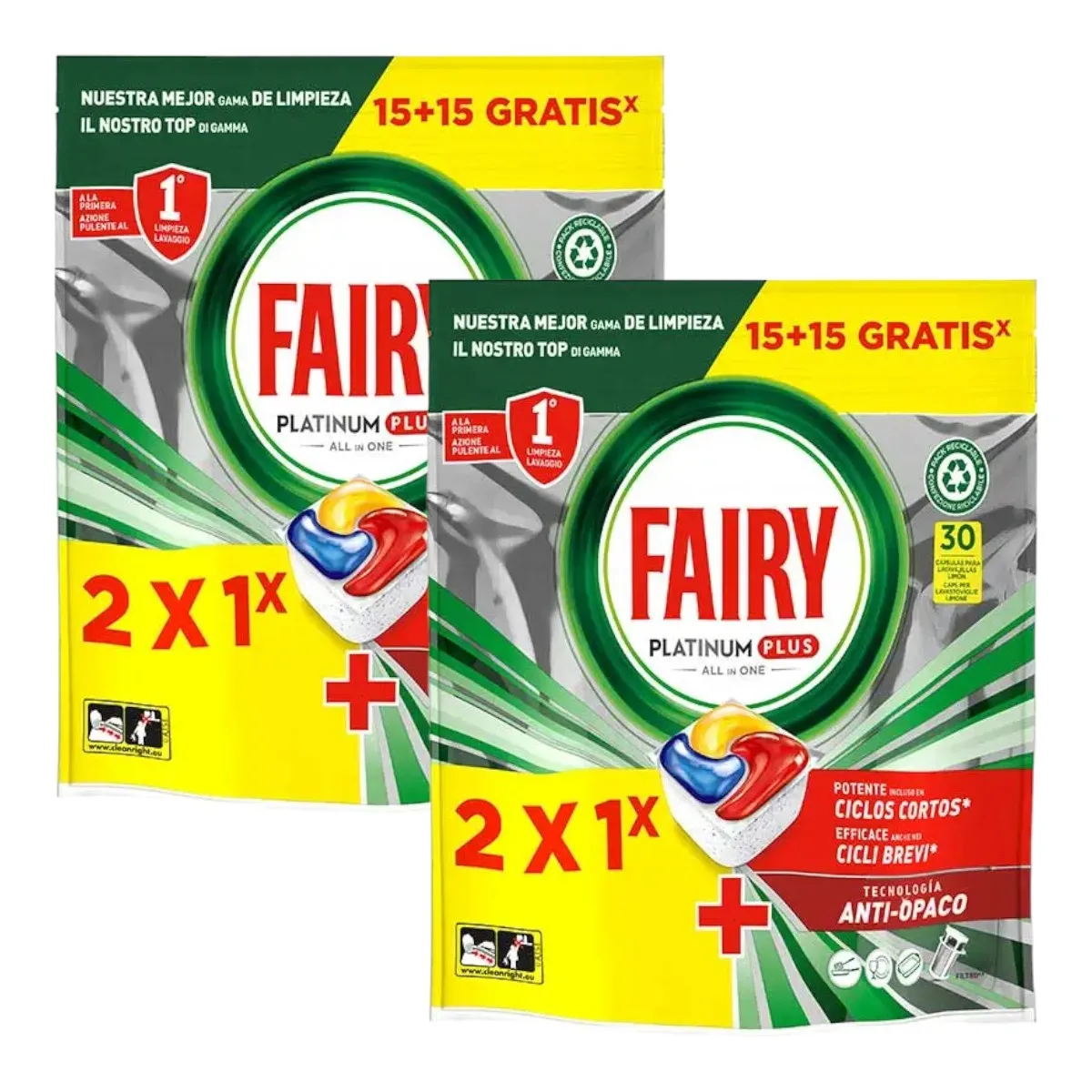 Fairy Platinum plus Pack of 2 bags of 30 lemon dishwasher capsules (60 capsules in total)