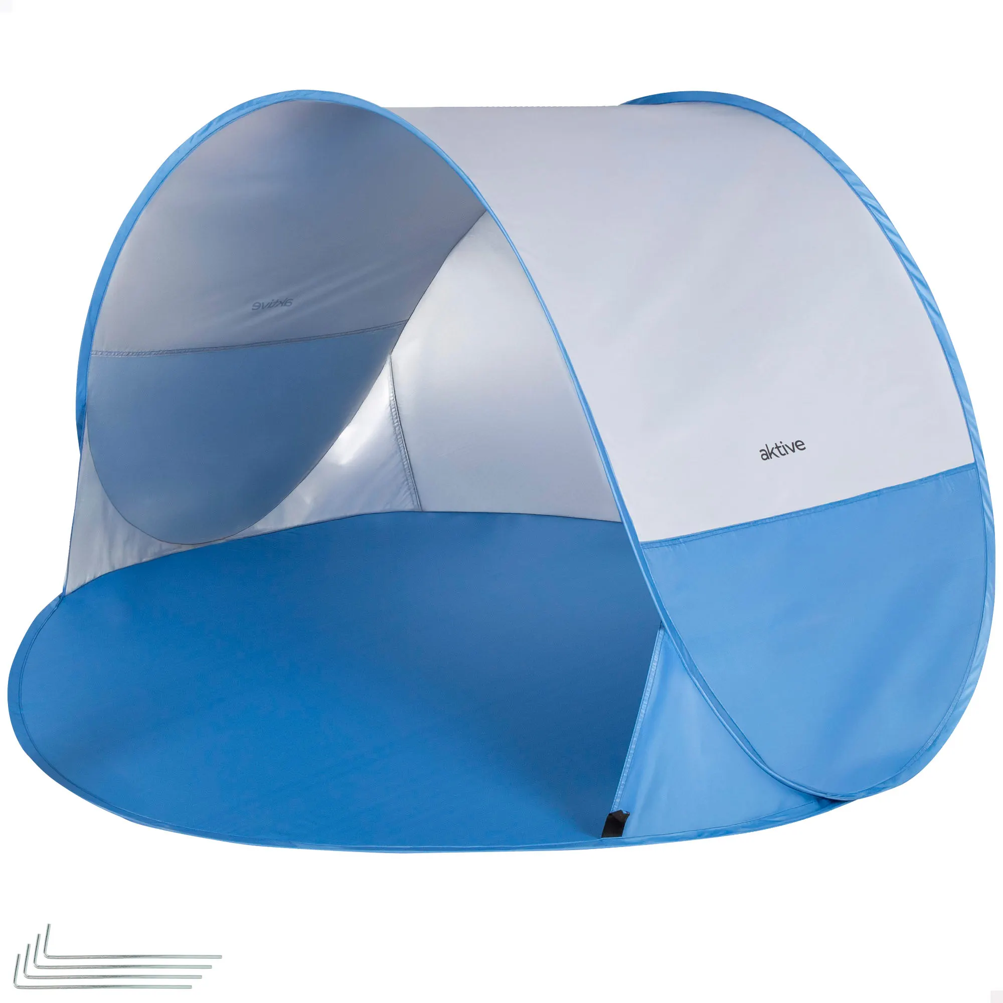 Aktive - Paravientos playa plegable, sistema pop up, color azul, 148x148x90 cm, tejido poliéster, revestimiento interior plateado, protección UV50, 2 varillas fibra de vidrio, incluye 4 piquetas,