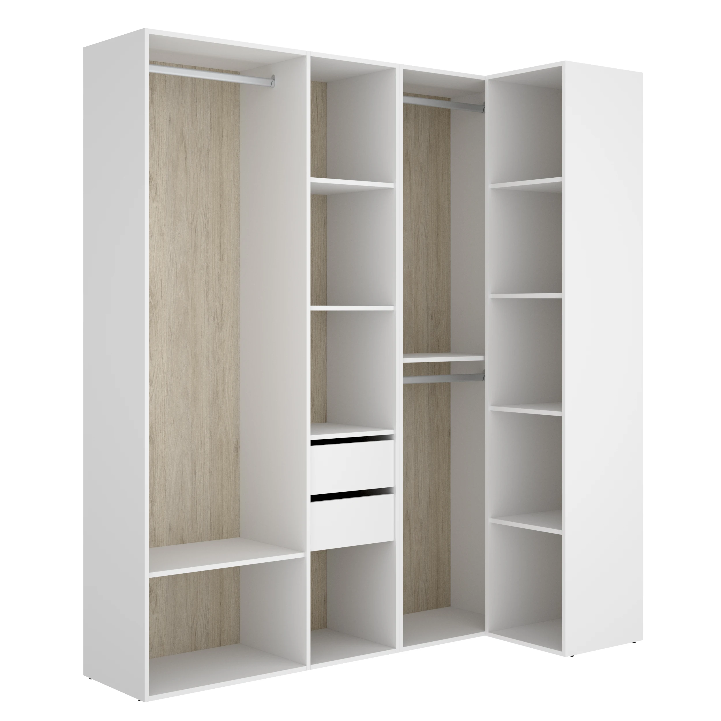 DEKIT - CONJUNTO VESTIDOR RINCONERO CON DOS CAJONES Y TRASERA REVERSIBLE - 205 x 182,5 x 84,5 cm - BLANCO / NATURAL