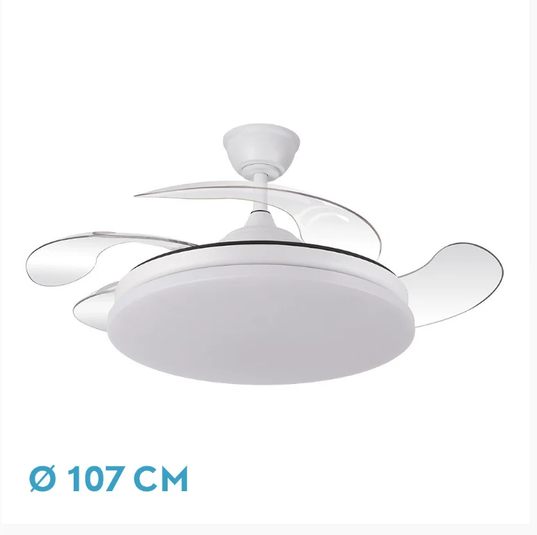 FABRILAMP Ventilador Dc Tridente 59w Blanco 4aspas Desplegables.107CM 6980lm Regulador de intensidad Remoto+temporizador+memoria 3000-4000-6000k Mandos y dos tijas de 12,5 y 20 centímetros