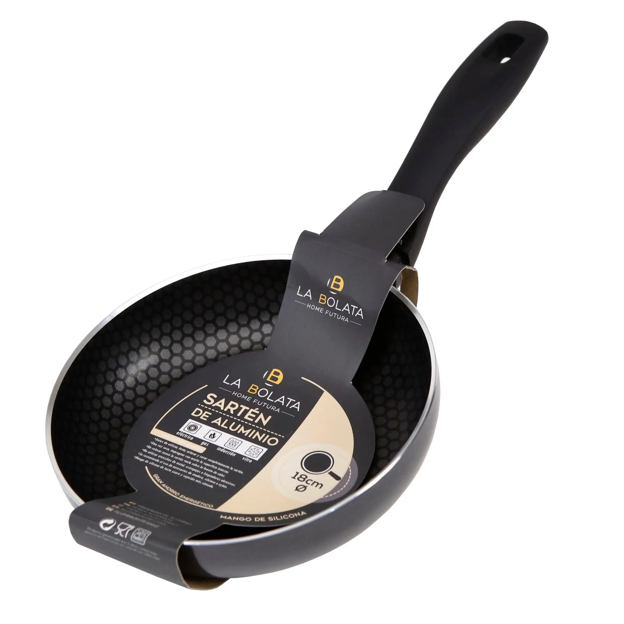Sartén Antiadherente The Secret Home - Varios Diámetros - Mango de Silicona - Apta para Cocina Eléctrica, de Gas, Vitrocerámica E Inducción - Fabricada en Aluminio - Color Negro