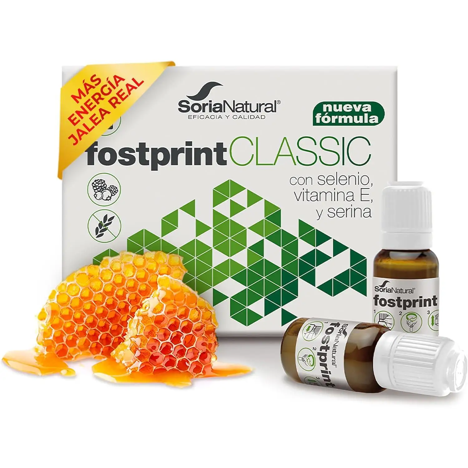 Soria Natural Fost Print Classic - Vitaminas Grupo B, Biotina, Acido Fólico, Vitamina E, Vitamina D, L Carnitina, NADH, Propóleo Puro y Jalea Real - Vitaminas para el Cansancio | 20 Viales de 15 Ml