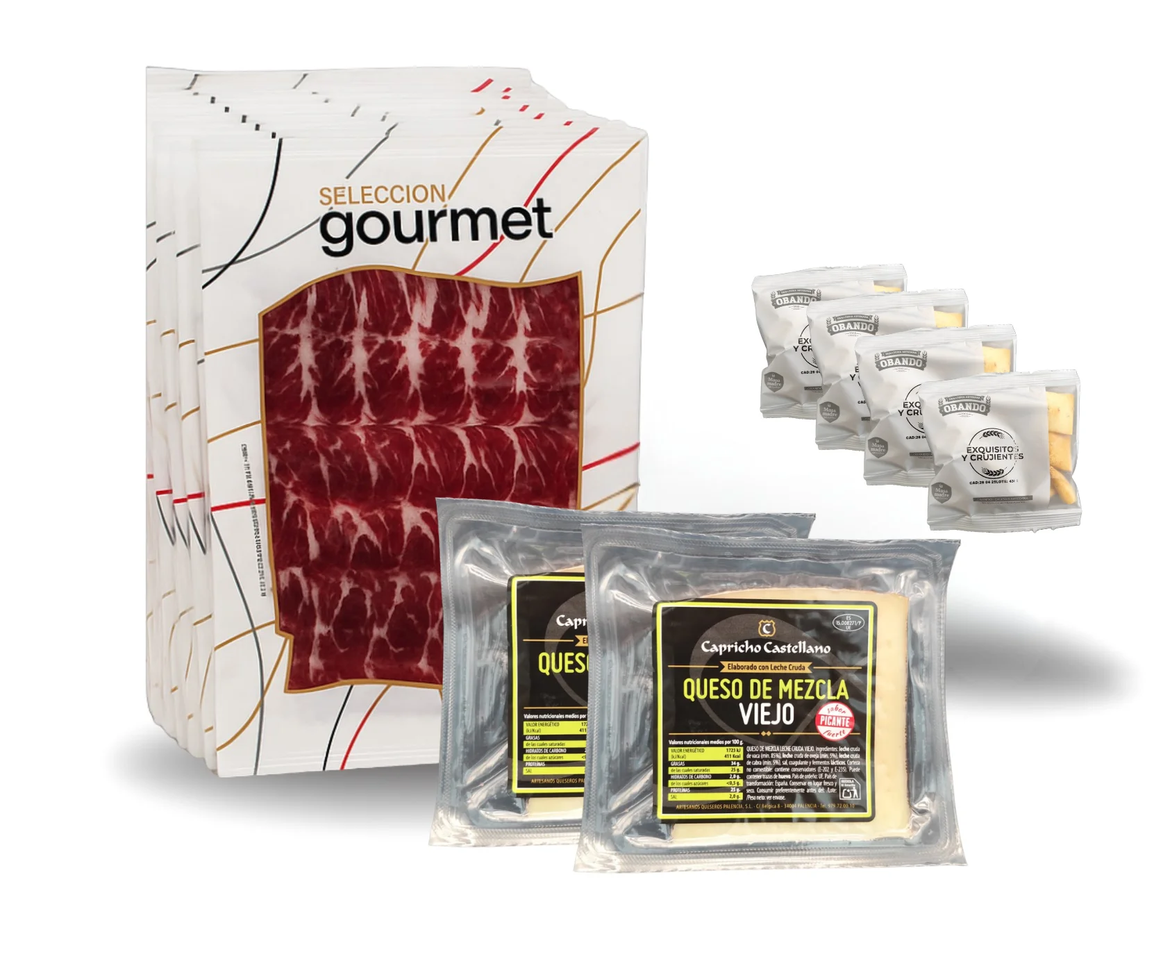 Lote 10 sobres Paleta de Bellota 100% Ibérica 100gr a tapita + Regalo 2 cuñas de queso y  Picos