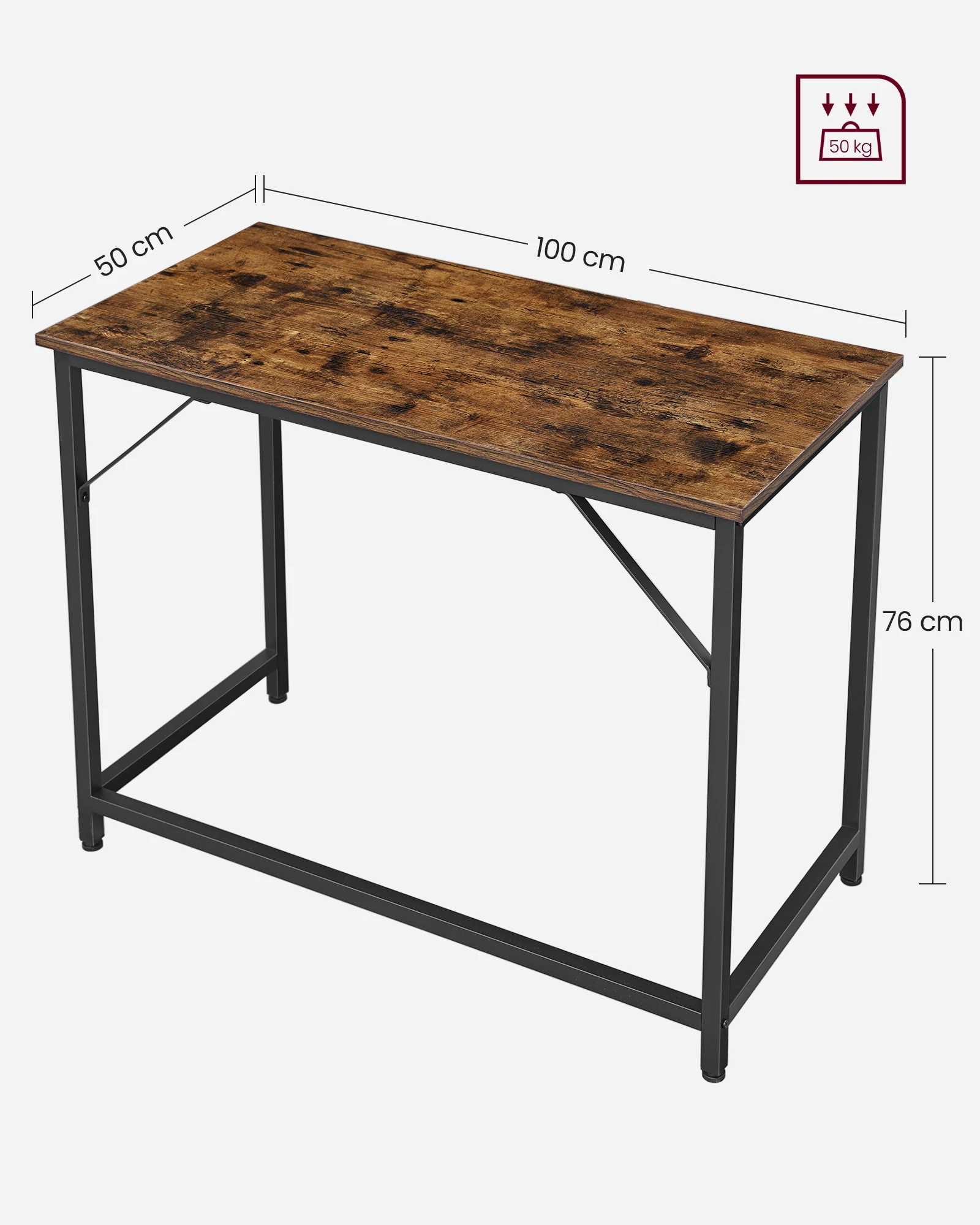 Vasagle desk, small office table and work station, table for teleworking, study, bedroom, 50 x 100 x 76 cm, industrial style, metal structure, rustic brown and ink black