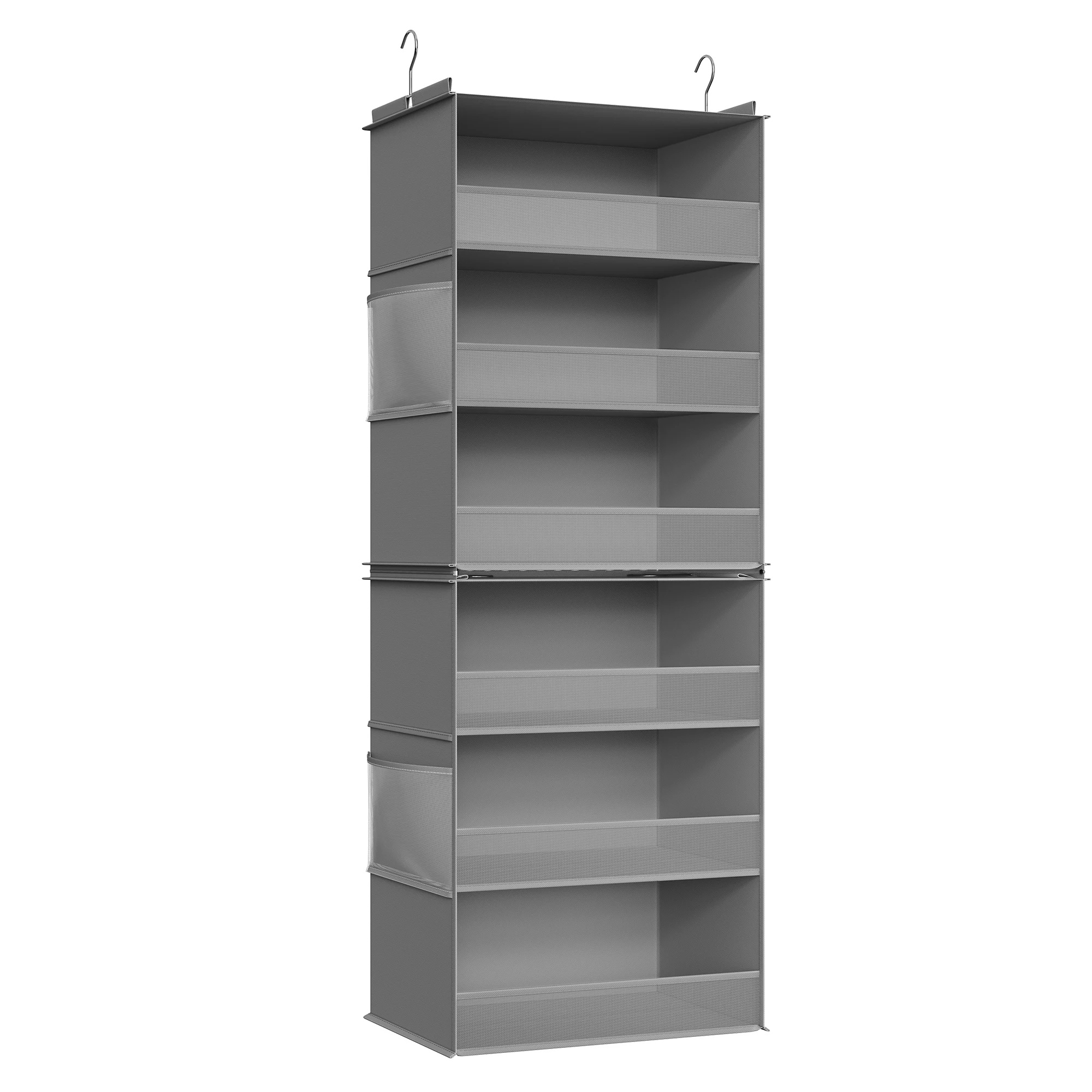 SONGMICS Organizador Colgante, Organizadora de Armario, Estante Divisible, Almacenamiento Plegable y Ahorra Espacio, Ganchos de Metal y Soporte de Bambú, Gris Paloma/Blanco Nube
