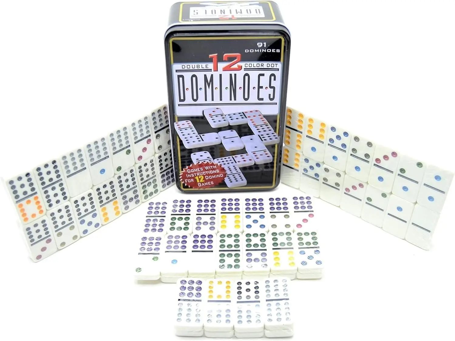 Cosshano Domino Double 12 Color Dots Set 91 Chips Metal Box Included Dominoes