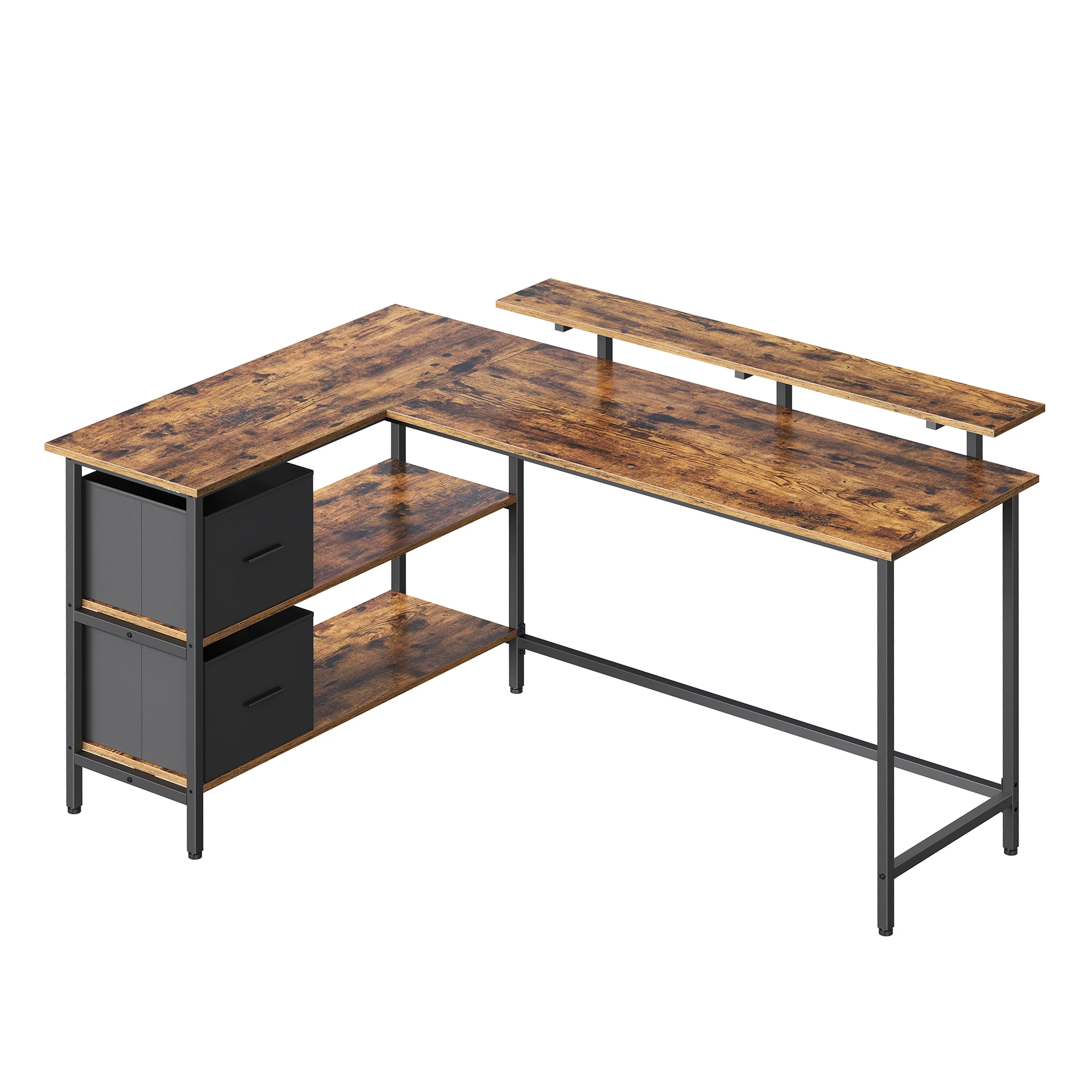 VASAGLE Escritorio en Forma de L, Esquinero, con 2 Amplios Cajones, Mesa con Soporte para Monitor, para Esquina, con Estante Ajustable, para Oficina Casa, 155 x 105 cm, Marrón Rústico