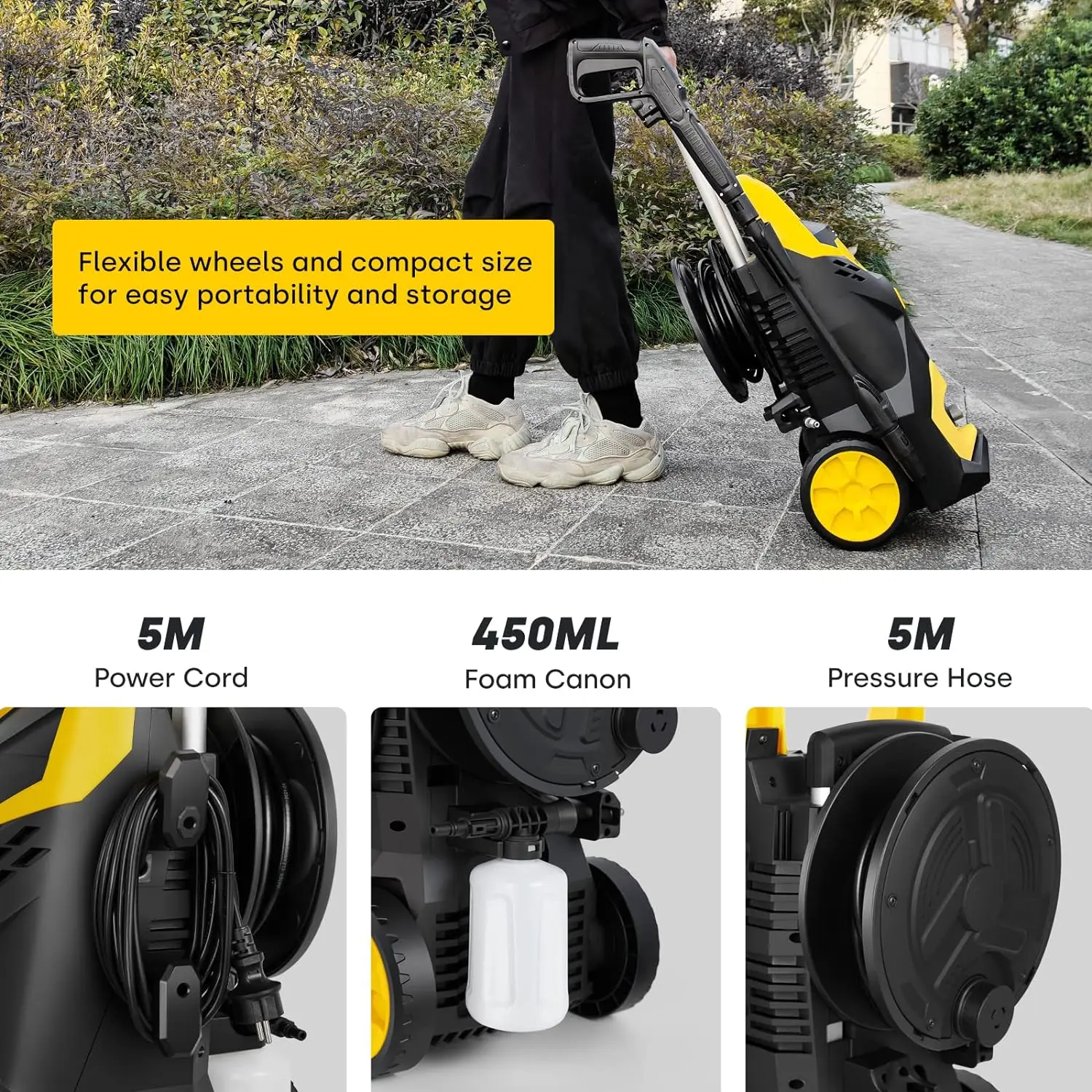 جهاز تنظيف الضغط العالي من ENVENTOR، منظف الضغط الكهربائي 1800 وات بحد أقصى 135 بار، معدل التدفق بحد أقصى 350 لتر/ساعة، مع زجاجة صابون 450 مل، خرطوم 5 متر، كابل 5 متر، ساحة حديقة السيارة