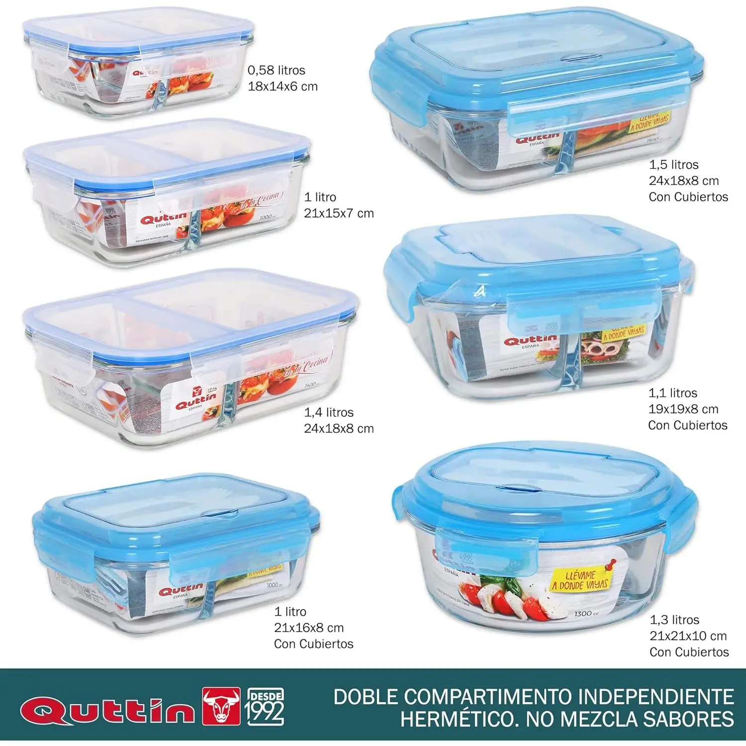 Quttin Fiambrera de Vidrio con 2 Compartimentos - Alta Calidad y Durabilidad - Diseño Elegante y Versátil - Hermético para Frescura - Apto Lavavajillas - Ideal para Servir y Almacenar