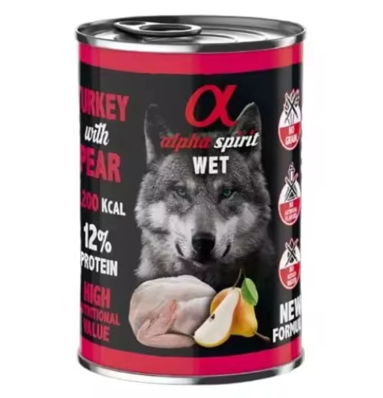 Pack 6 cans x 400 Gr - Alpha Spirit Turkey wet food with pear for dogs