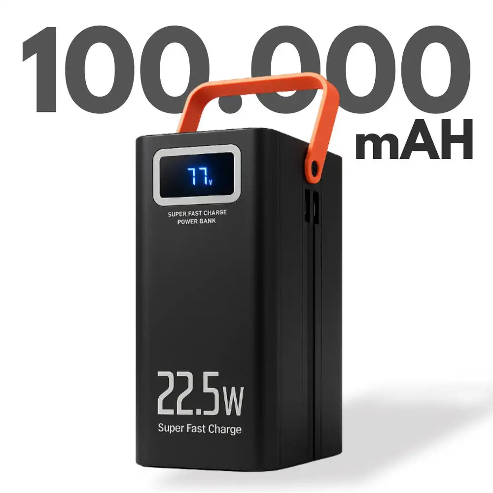 Power Bank Almalux 100000mAh Carga Rápida 22.5W con Cables Integrados Pantalla LED Linterna y 6 Salidas