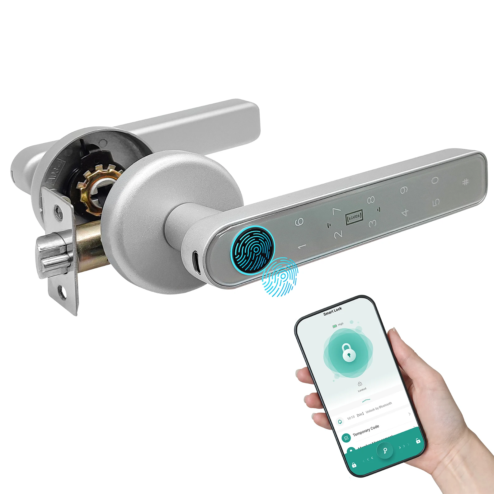 LED ATOMANT Cerradura Inteligente para Puertas con Huella Digital, Código PIN, App Móvil, Tarjeta RFID Tipo Hotel y Llave Física | Cerradura Electrónica 5 en 1 con Seguridad Biométrica, Ideal para