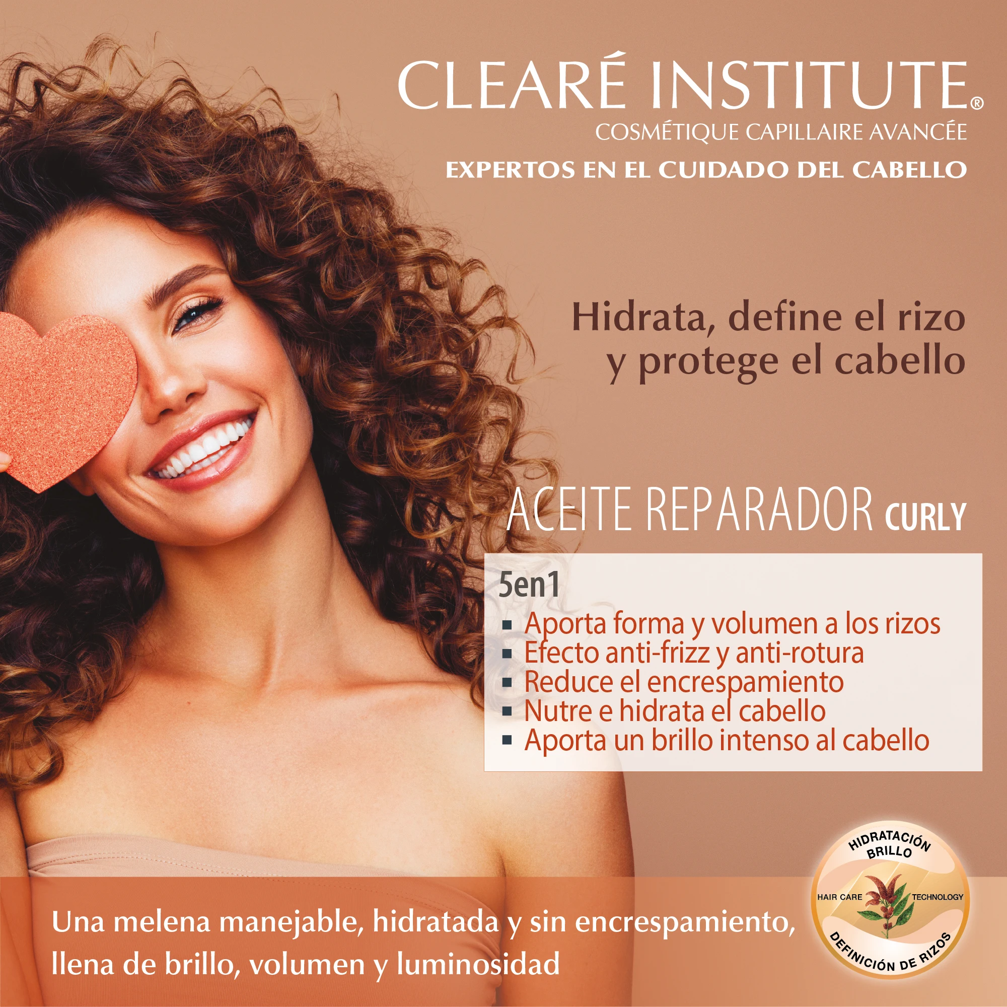 Clearé Institute Repair Oil for Curly Hair - Hydrating Treatment with 89% Natural Ingredients, Anti-Frizz, Enhances Curl Definition, 50ml, Ideal for Curly Method, Nourishes and Restores Dry Hair.