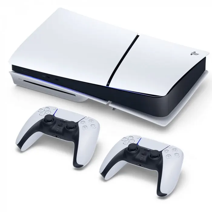 PlayStation 5 Console 1TB Slim with 2 DualSense Controllers, includes ASTRO'S PLAYROOM game, perfect for multiplayer gaming, optical disc media, and additional accessories for enhanced gameplay.
