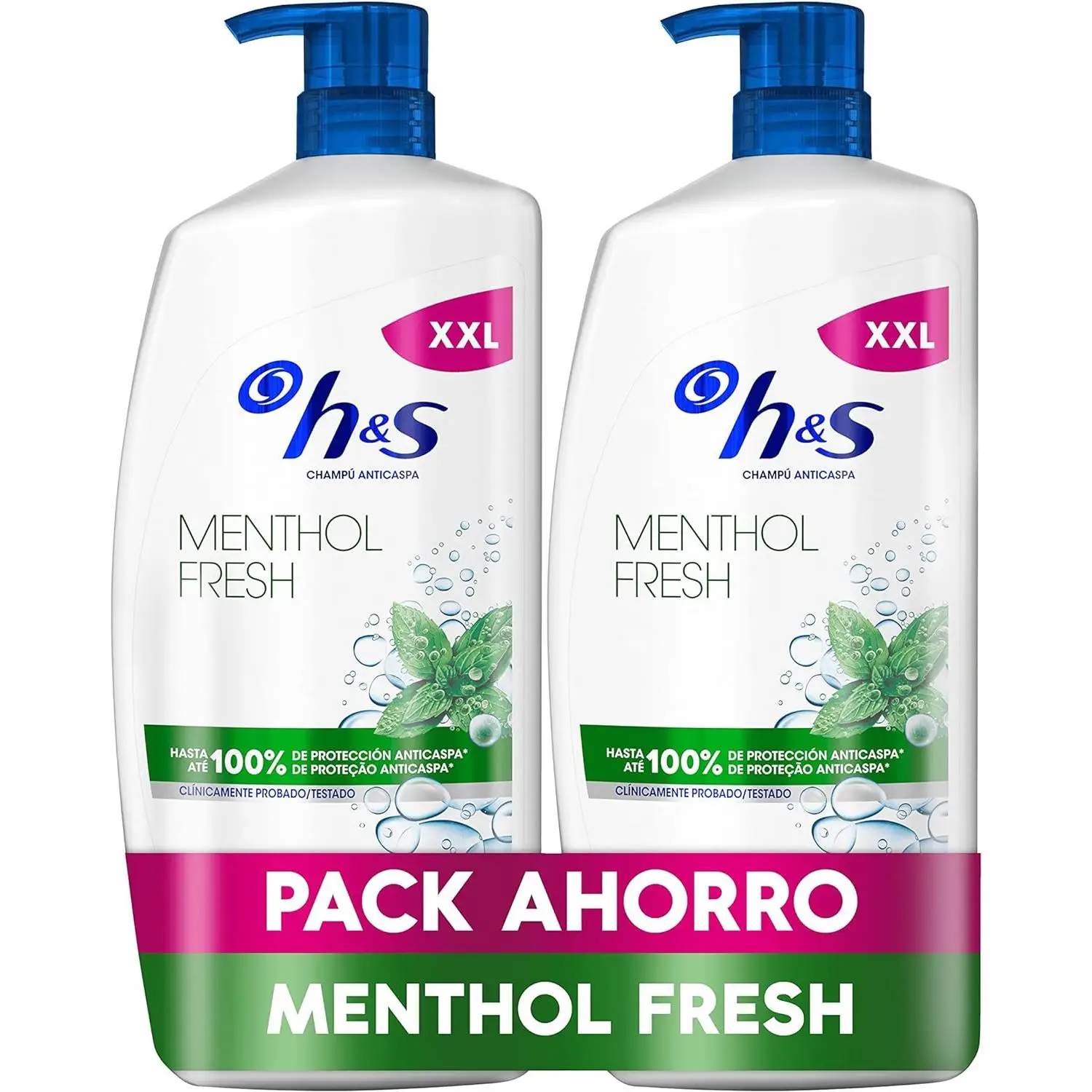H&S Menthol Fresh Champú Anticaspa 2x1000ml con Dispensador, para Uso Diario. Hasta 100% de Protección Anticaspa, Clínicamente Probado. Para Todo Tipo de Pelo y Cuero Cabelludo Frescor, Aroma a Mentol