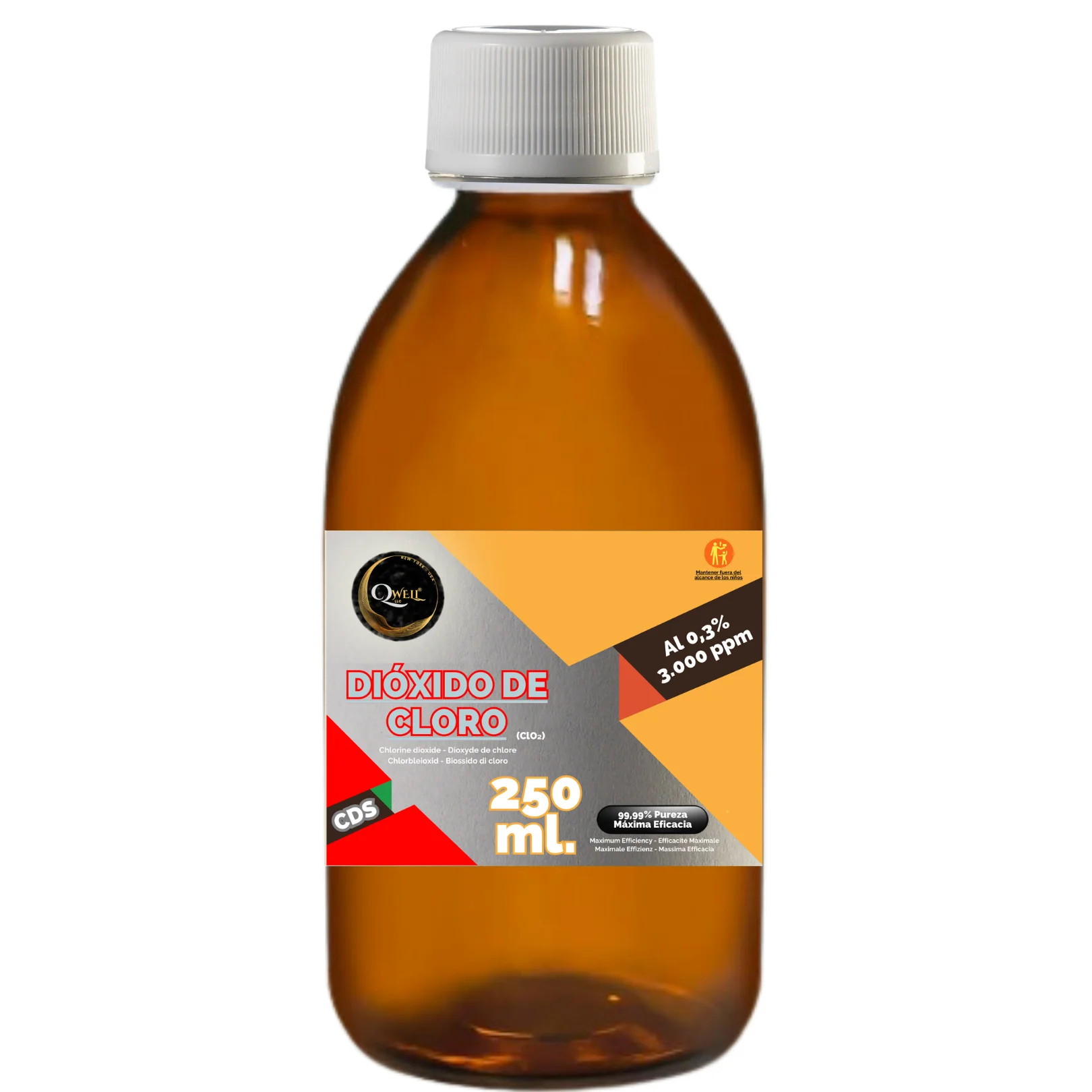 QWell® Solución Dióxido de Cloro 250 ml.  CDS/CDL  3.000 ppm al 0,3%  Registro Sanitario Alemán  Envase de Vidrio de Laboratorio Reutilizable  Con Precinto, Gotero y Vaso dosificador de Regalo