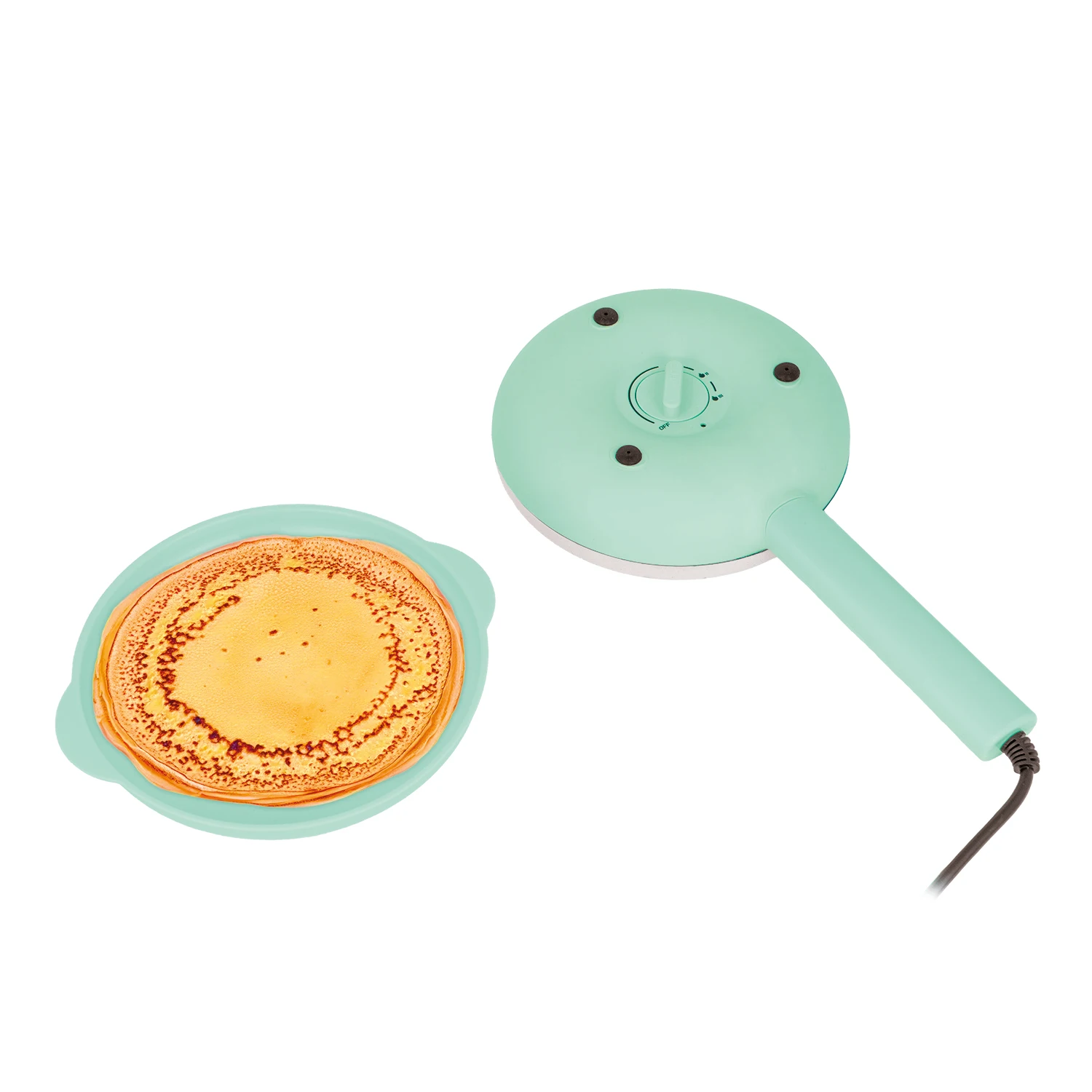Crepera Turquesa Jocca con placa antiadherente, mango ergonómico, 3 temperaturas, 2 funciones, diámetro 21 cm y 600W de potencia. Incluye tapa/plato. Fácil de usar. Compacta y ligera. Ideal para postres y desayunos. Diseño moderno y práctico