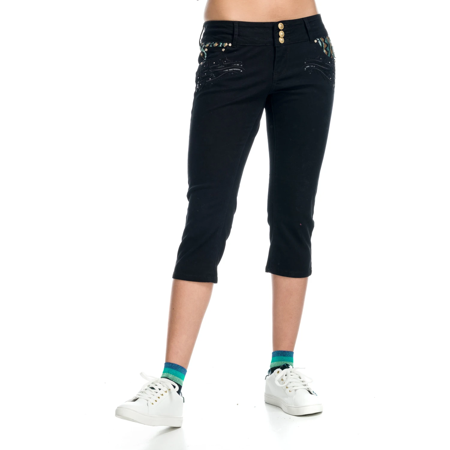 Koroshi Pantalón Pirata Mujer con Pedrería Negro – Koroshi