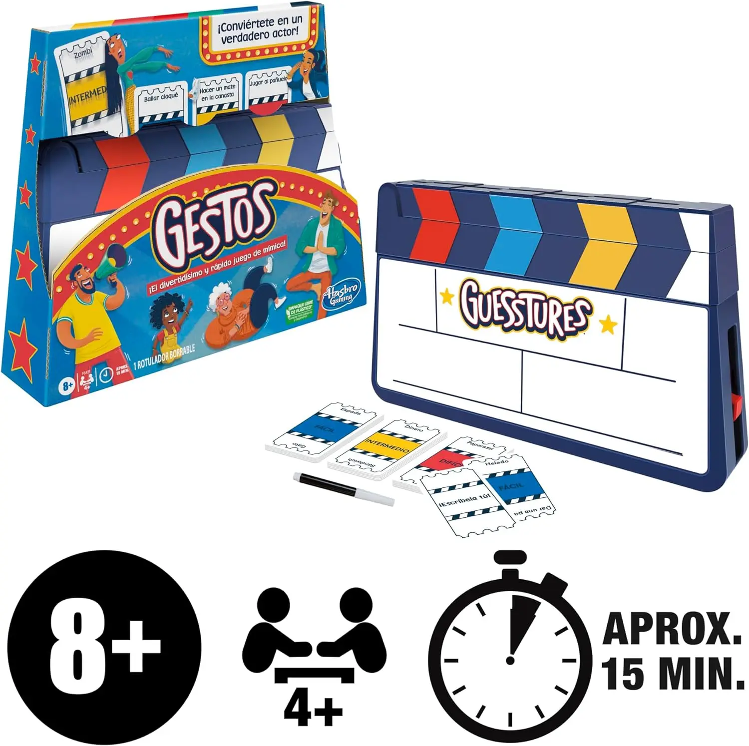 Hasbro game gestures, family mimic game for 4 or more players, including clapperboard and customizable cards