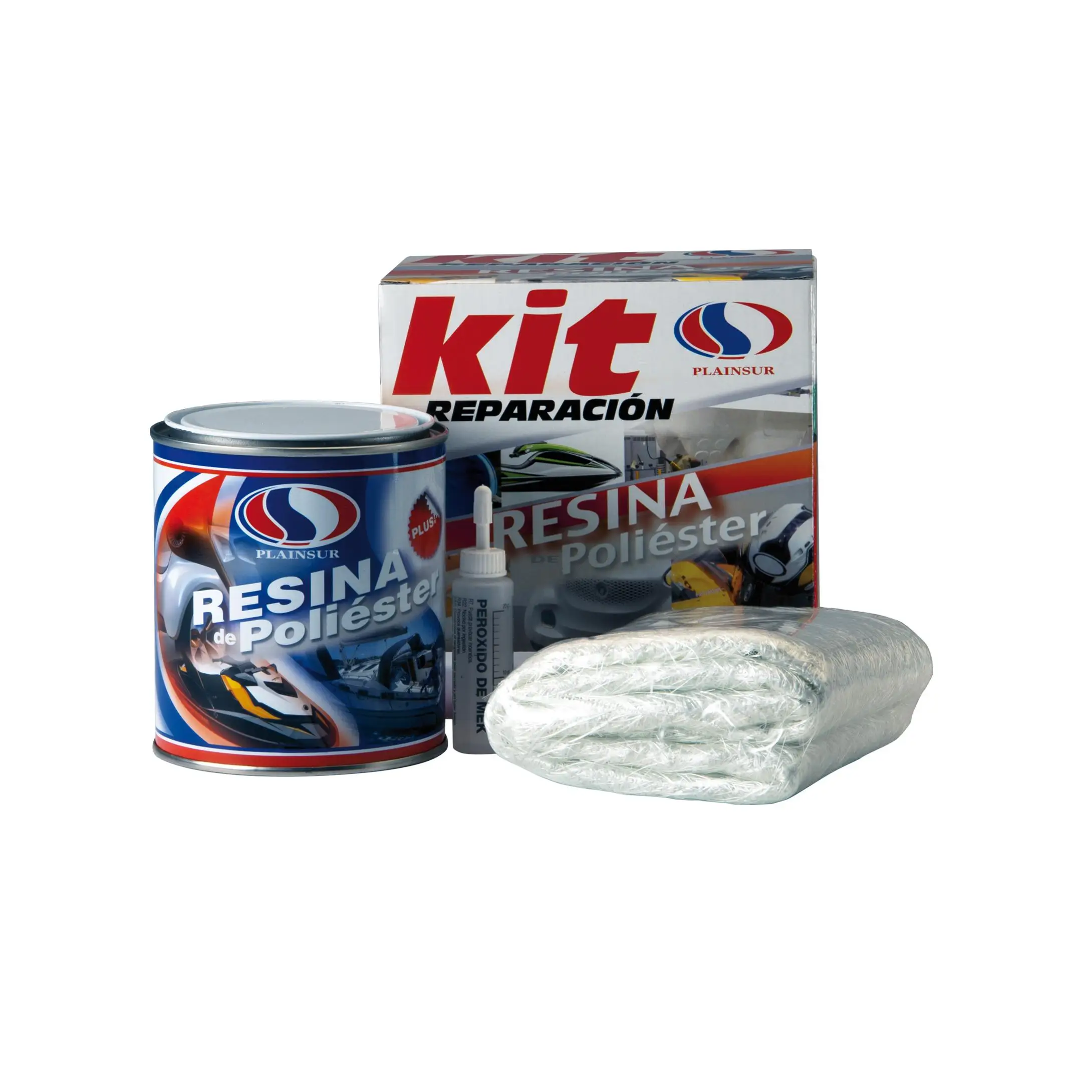 PLAINSUR KIT DE RESINA DE POLIESTER REPARACION Nº1 CON FIBRA DE VIDRIO, PARA NAUTICA, PISCINAS, PARACHOQUES, ETC.(CAJA DE 1 KG)